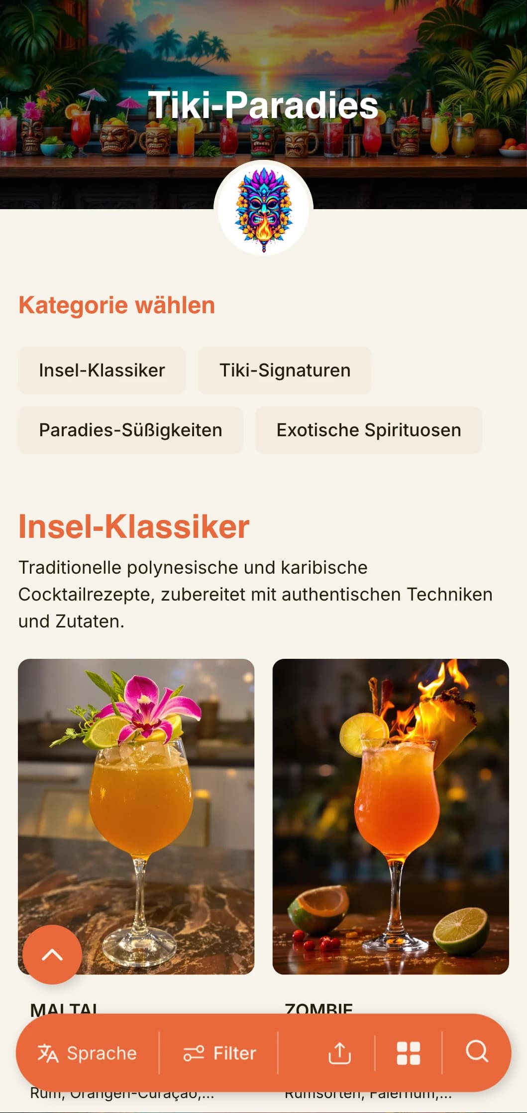 Ein exotisches, lebendiges Design für Tiki-Bars und tropische Cocktail-Lounges mit verspielter Typografie und warmen Farben.