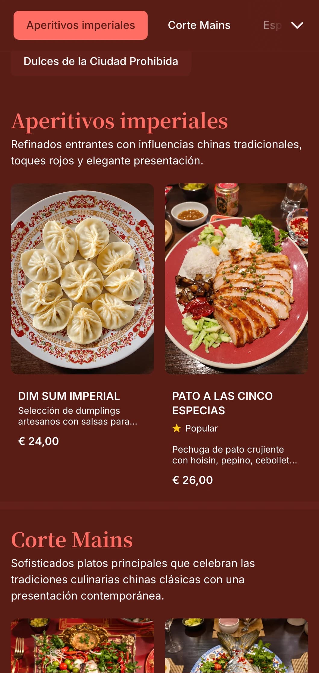 Un elegante menú de inspiración china con ricos tonos rojos y elementos orientales tradicionales, perfecto para restaurantes chinos de lujo.
