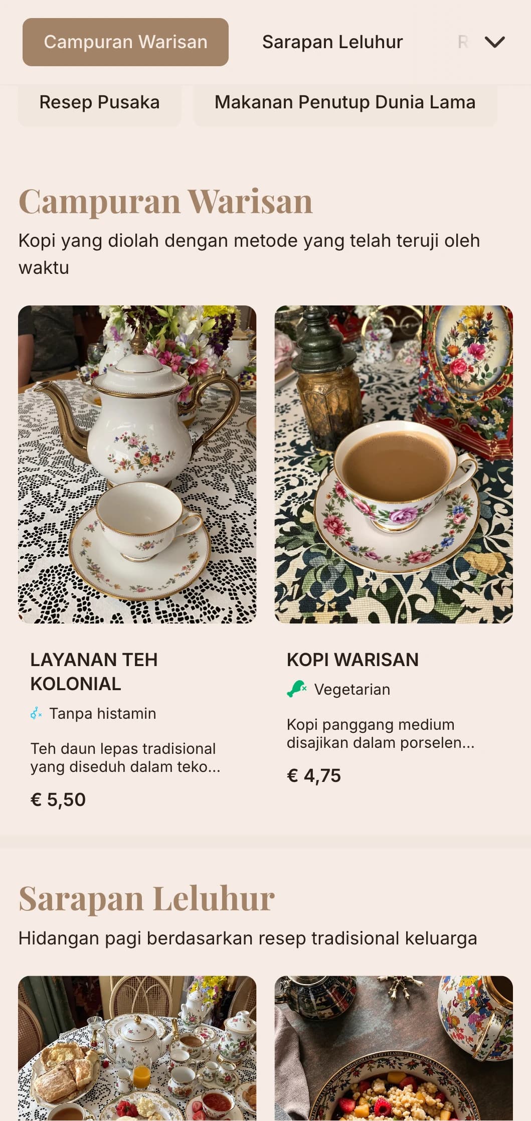 Desain nostalgia dengan elemen warisan untuk ruang minum teh tradisional dan kafe bersejarah.