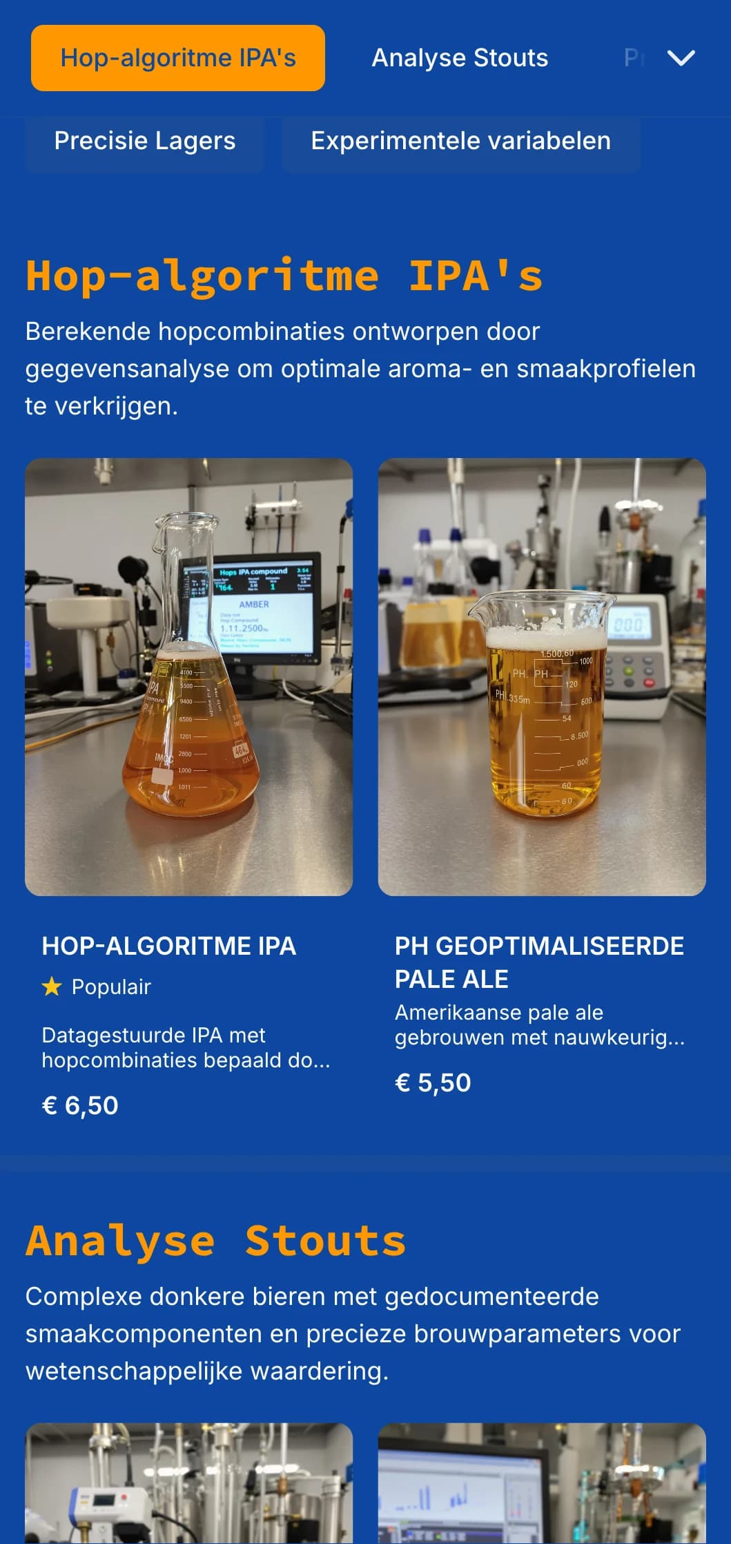 Technisch en nauwkeurig ontwerp met blauwdruk-esthetiek en datavisualisatie-elementen, ideaal voor brouwerijen die wetenschappelijke processen onder de aandacht brengen.