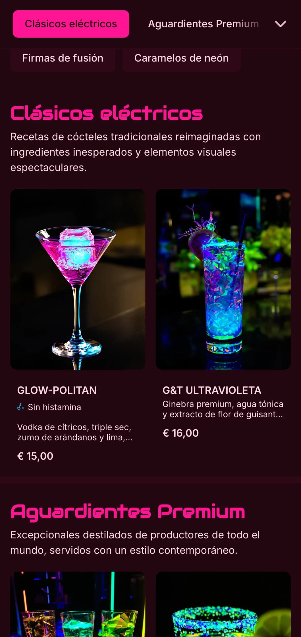 Un diseño atrevido y vibrante para bares de cócteles y discotecas contemporáneas, con colores de neón y tipografía dinámica.