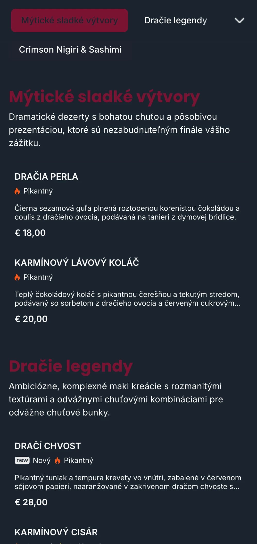 Odvážne, dramatické sushi menu so sýtymi červenými tónmi inšpirované tradičnou japonskou dračou mytológiou.