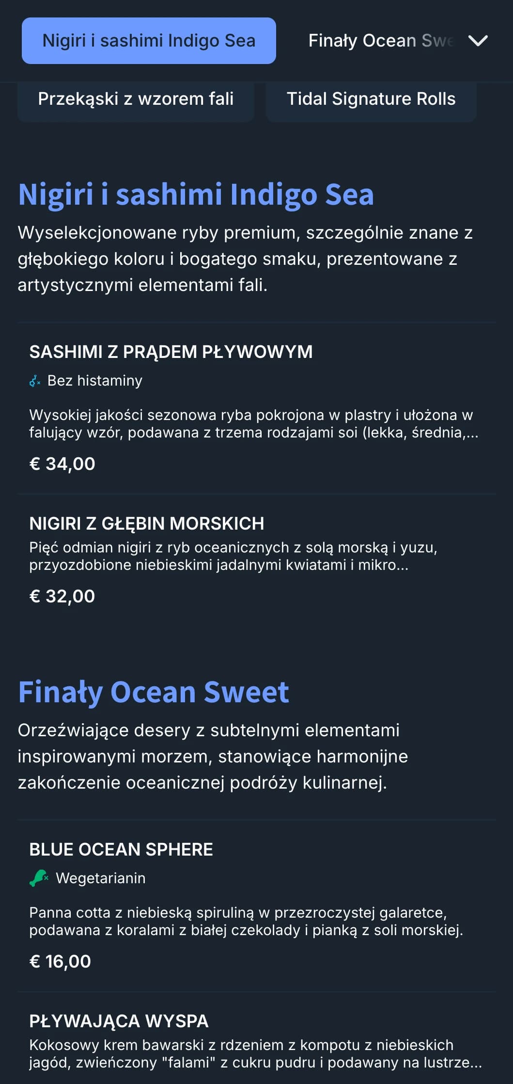 Inspirowane oceanem menu sushi z głębokimi falami indygo i nowoczesnym designem dla restauracji koncentrujących się na owocach morza.