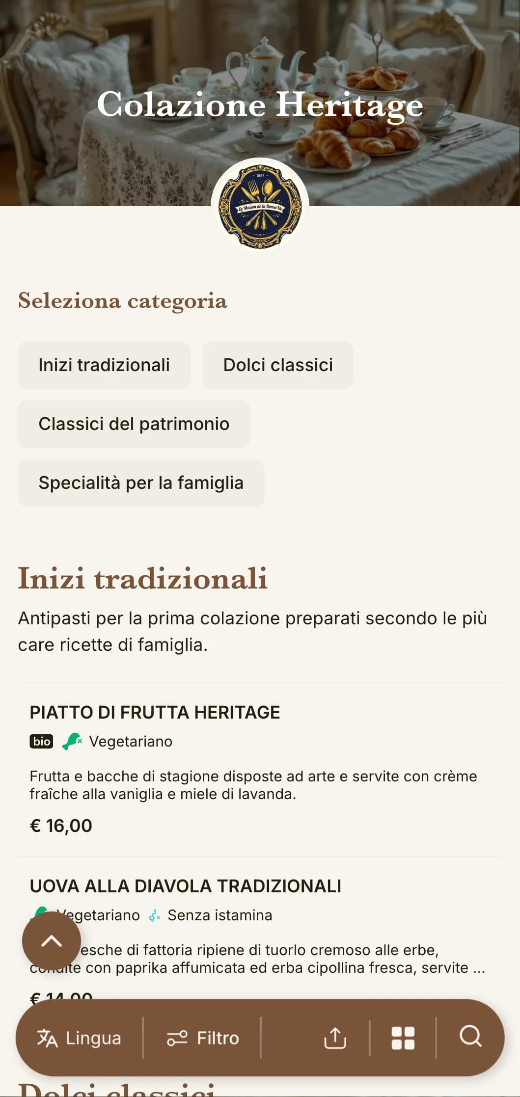Selezioni tradizionali per la prima colazione ispirate a ricette di famiglia senza tempo e a tecniche culinarie classiche.