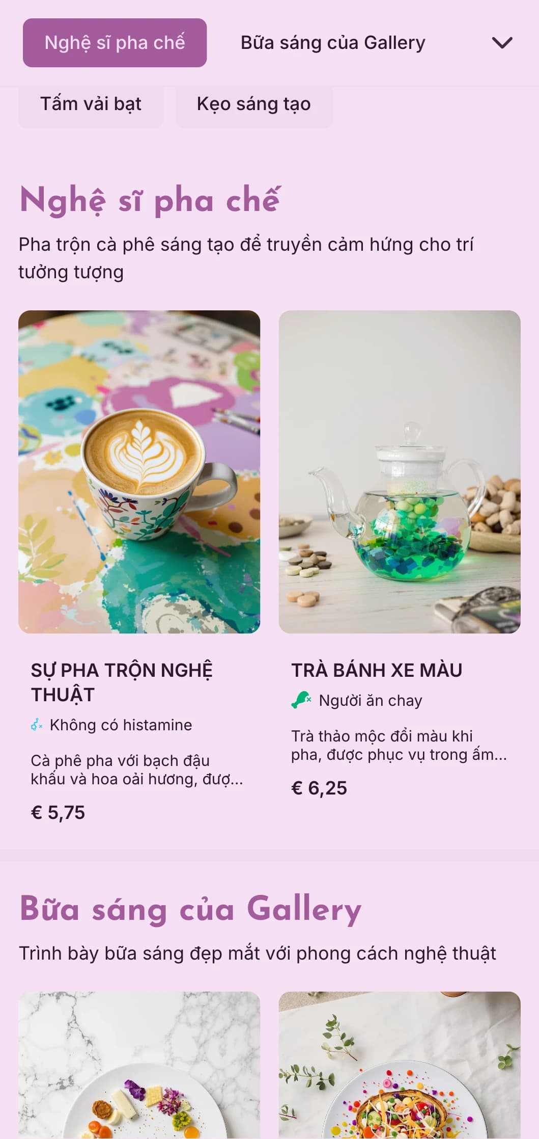 Thiết kế màu tím sáng tạo với các yếu tố nghệ thuật dành cho quán cà phê và không gian sáng tạo.