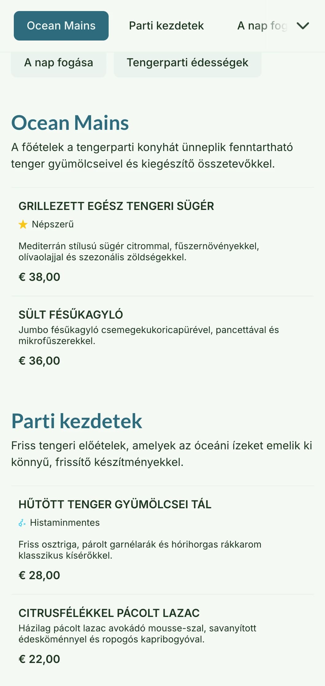 A tengerparti élet ihlette friss és légies, lágy kék színekkel és természetes textúrákkal díszített vacsora menü design, amely tökéletes a tenger gyümölcsei éttermek számára.