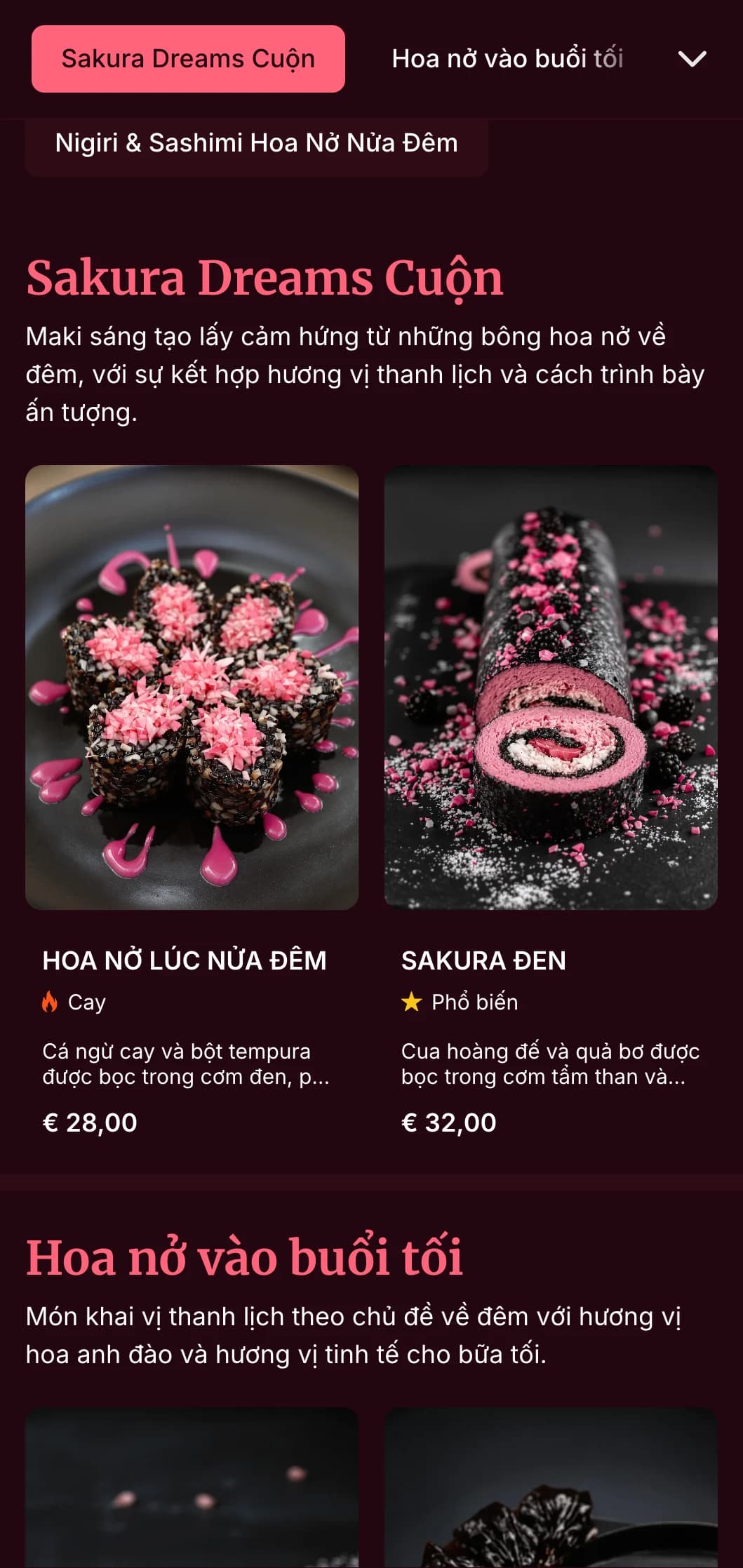 Trải nghiệm bữa tối sushi sang trọng với họa tiết hoa anh đào ấn tượng trên tông màu đỏ tía đậm cho bữa tối cao cấp.