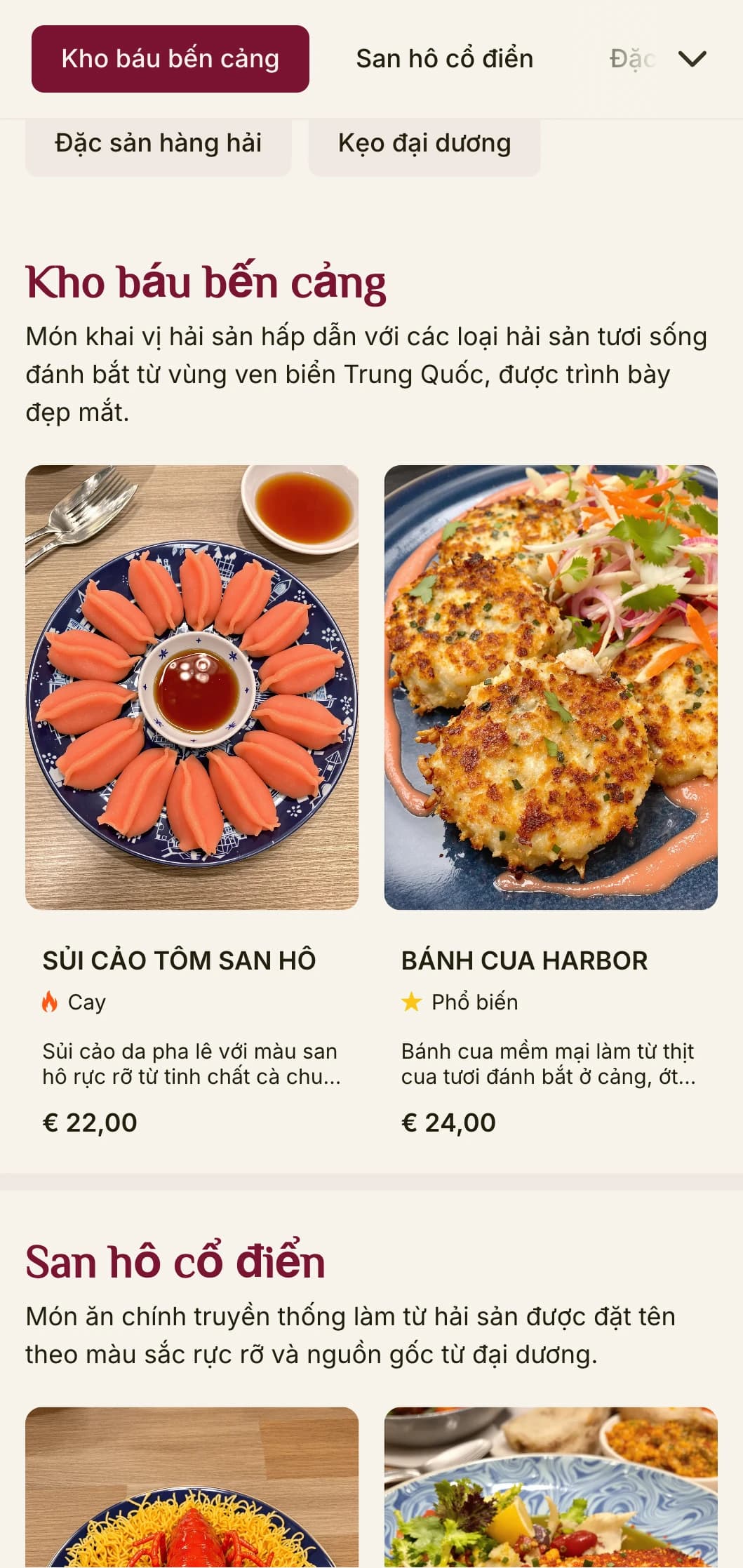 Thiết kế thực đơn Trung Hoa sống động lấy cảm hứng từ san hô và bến cảng, với màu sắc đậm dành cho các nhà hàng hải sản.
