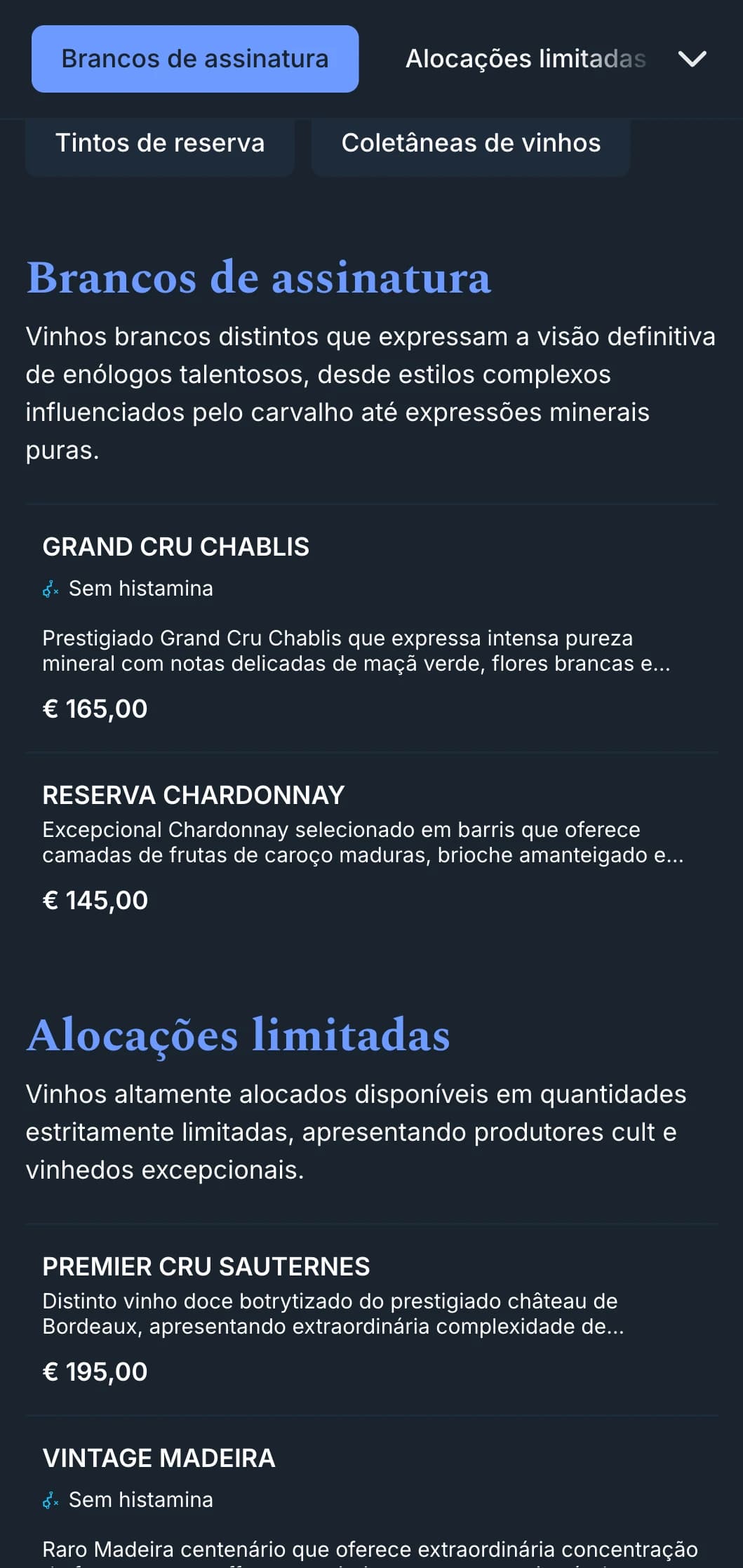 Modelo de carta de vinhos profundamente sofisticado, com detalhes em azul e fundo azul-marinho, ideal para bares de vinhos premium e estabelecimentos noturnos.
