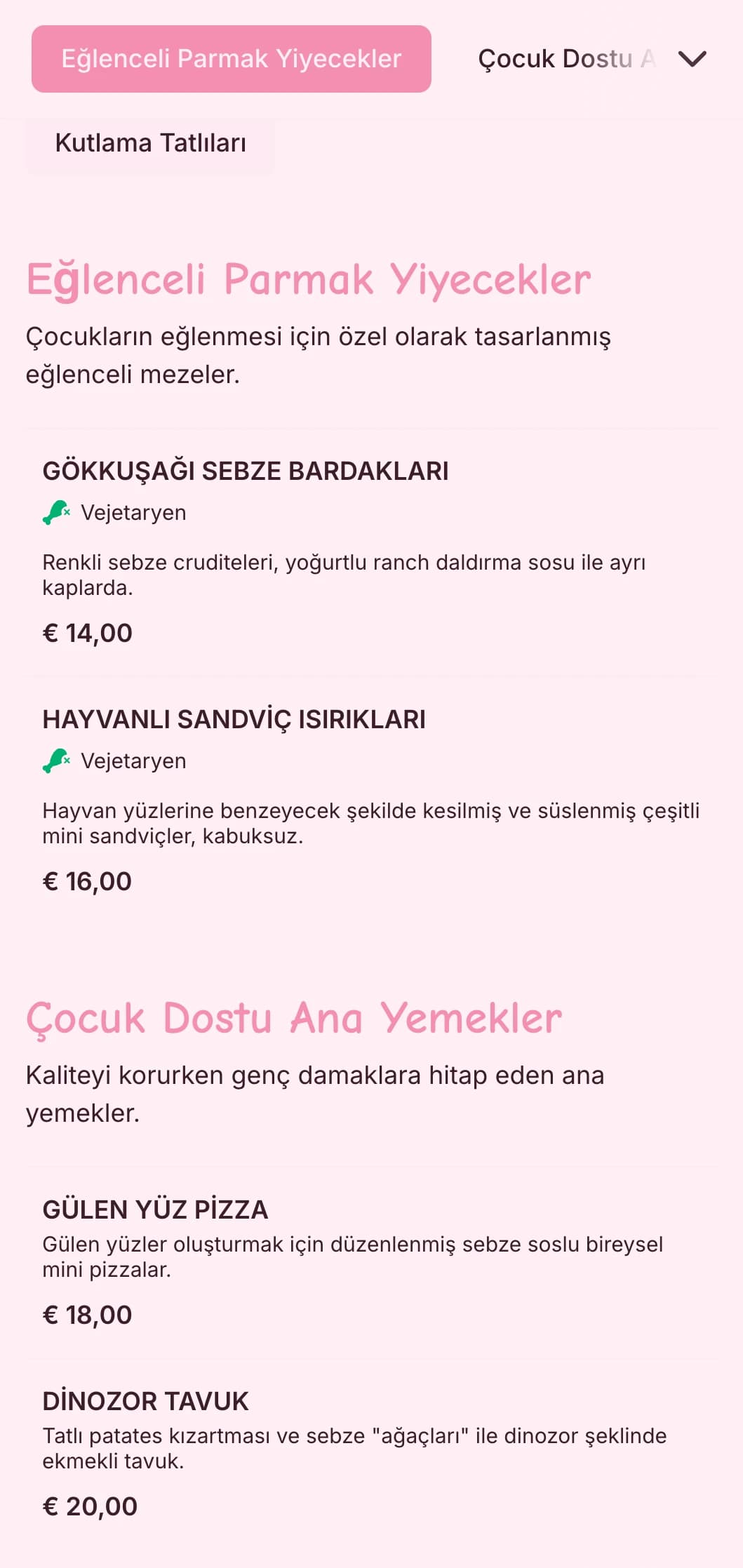 Eğlenceli sunum, çocuk dostu seçenekler ve interaktif yemek istasyonlarıyla çocuk etkinlikleri için özel olarak tasarlanmış eğlenceli, renkli yemek servisi.