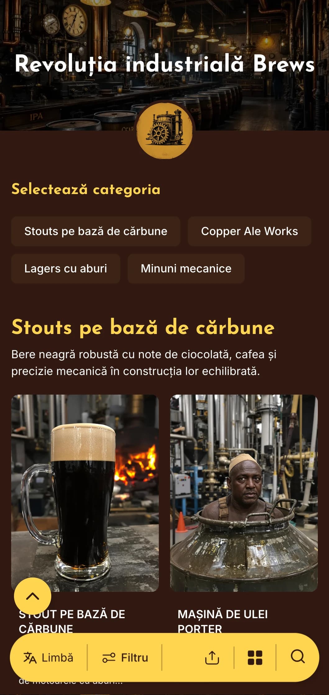 Estetică industrială alimentată cu abur, cu accente din alamă și elemente mecanice, perfectă pentru berăriile cu tematică steampunk.