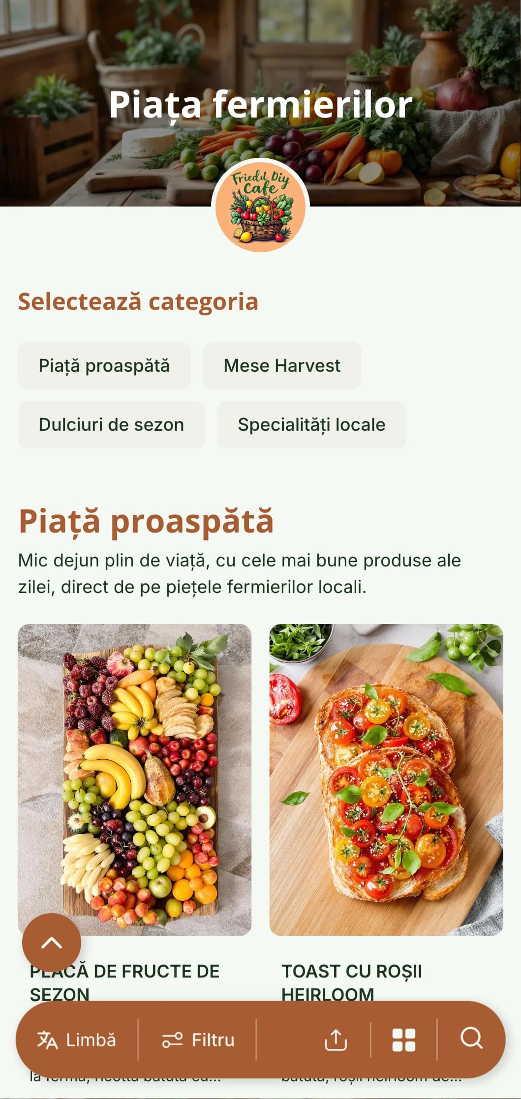 Șablon de brunch proaspăt, de sezon, cu elemente rustice, perfect pentru cafenelele farm-to-table cu produse locale.