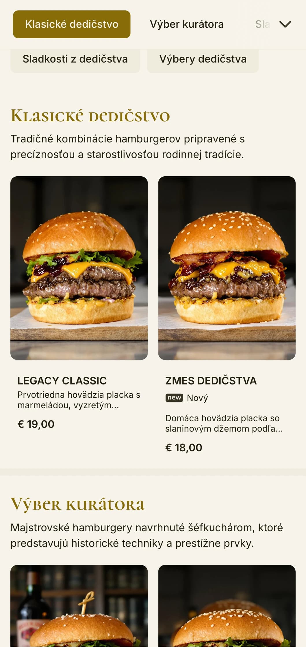 Zážitok z hamburgeru inšpirovaný kaštieľom s prvkami dedičstva a aristokratickými prvkami.