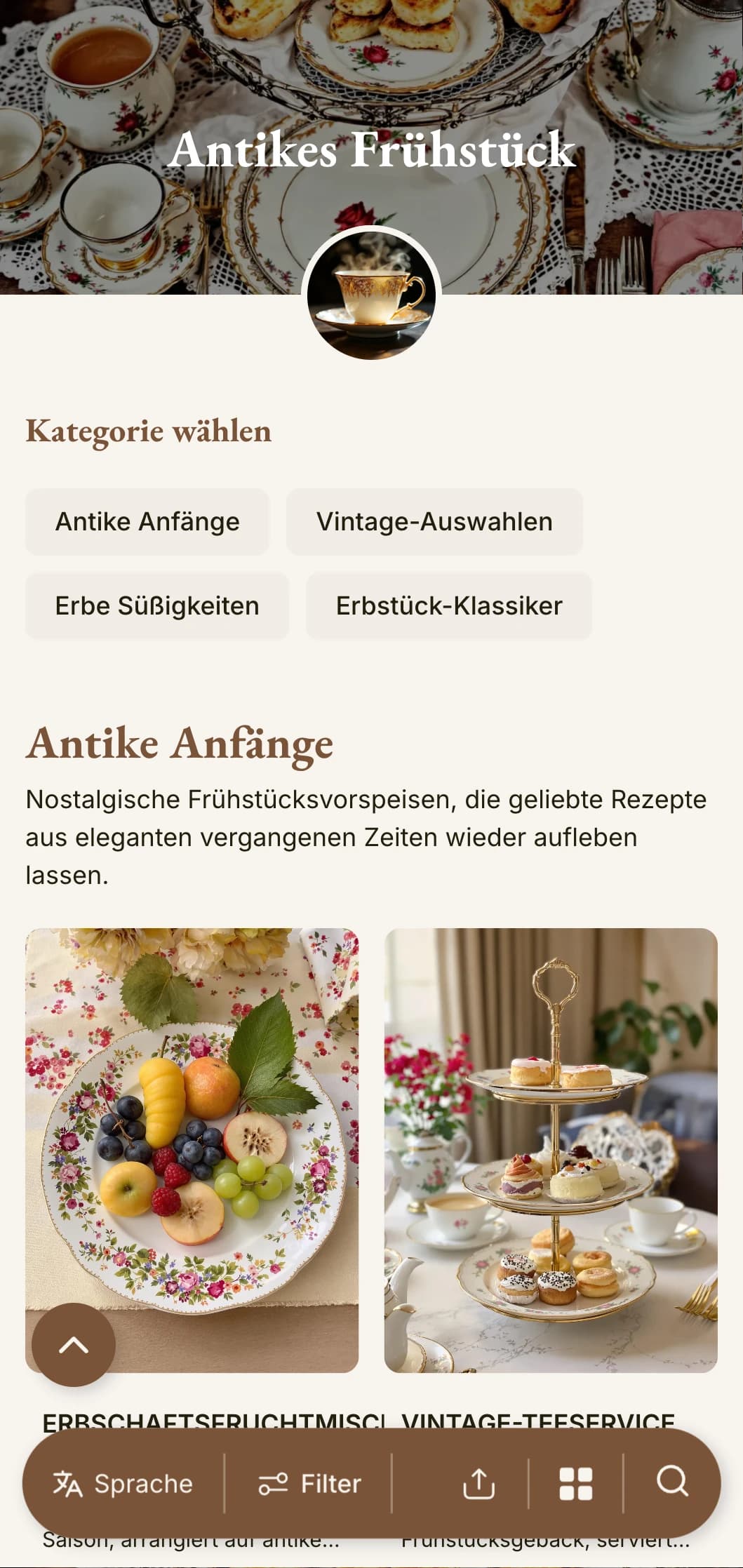 Nostalgische Morgengerichte, inspiriert von alten Rezepten, präsentiert mit Vintage-Charme und klassischer Eleganz.