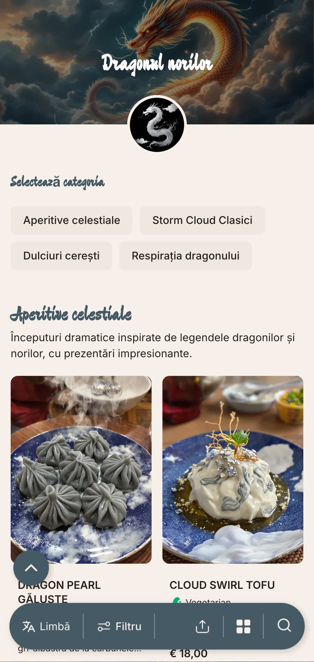 Design dramatic de meniu chinezesc cu motive de nori și dragoni, cu elemente puternice pentru bucătăria imperială autentică.