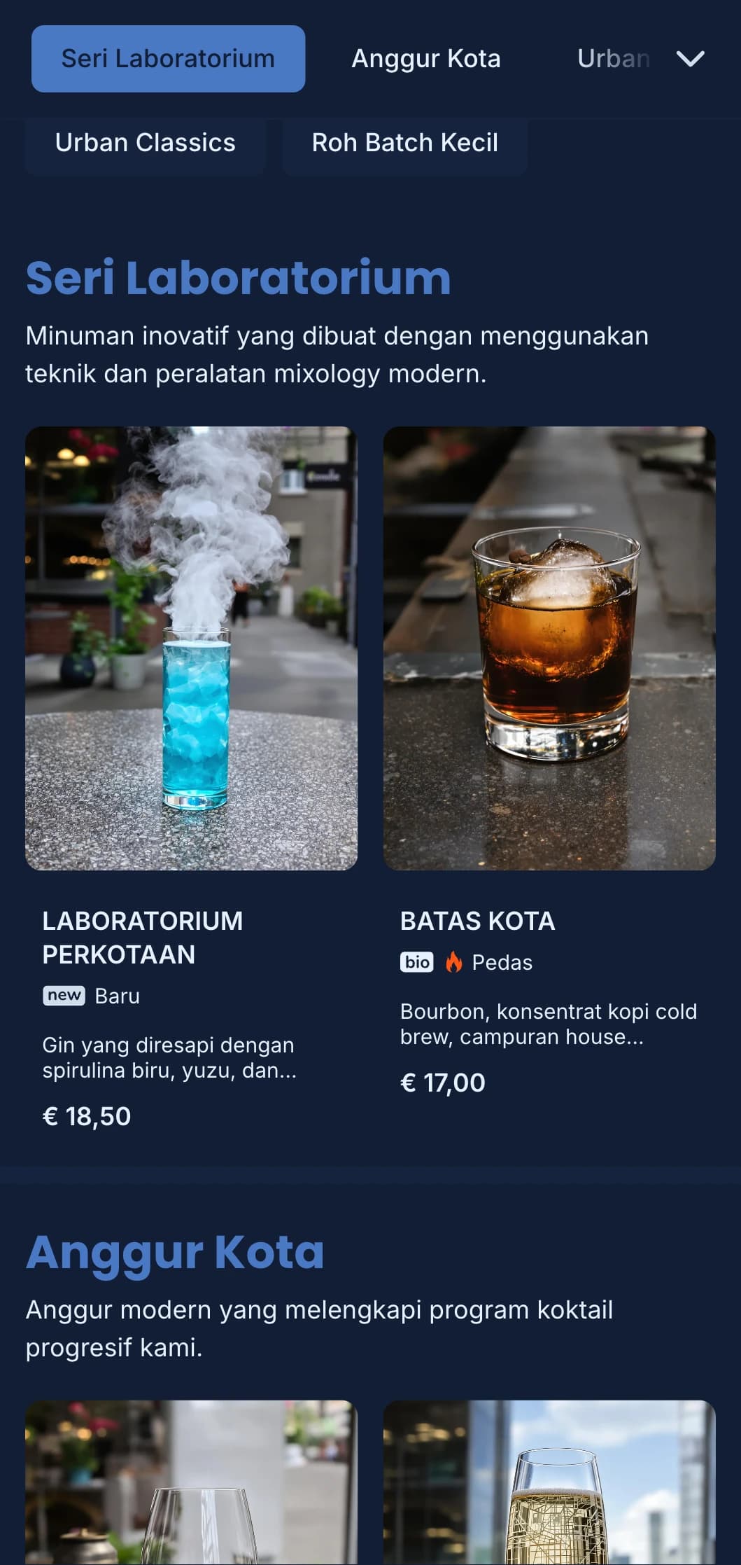 Desain biru yang bersih dan terstruktur dengan pola geometris untuk bar perkotaan modern.