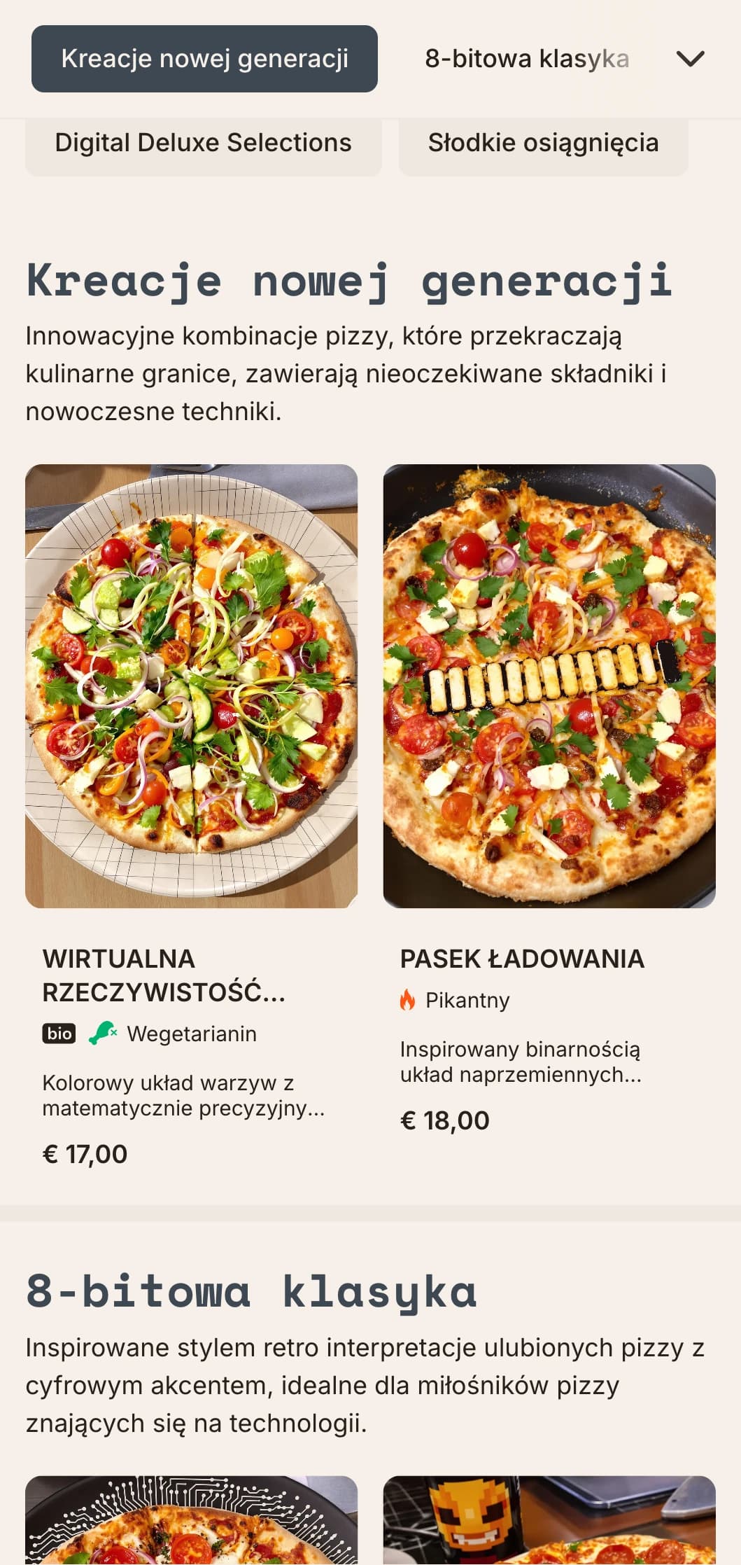 Nowoczesne menu pizzy inspirowane technologią z cyfrową estetyką dla innowacyjnych koncepcji pizzy.