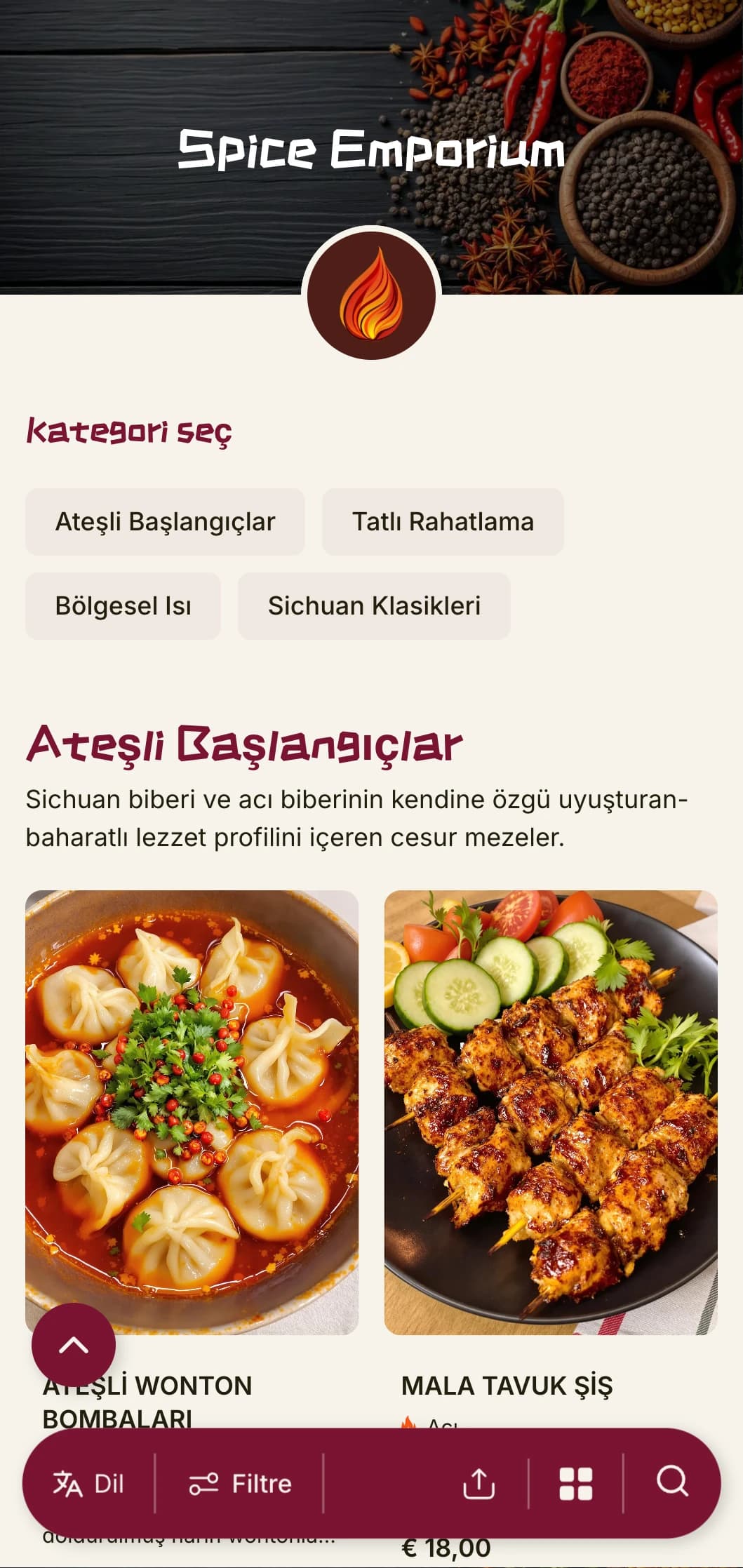 Sichuan ve Hunan baharat geleneklerinden esinlenen canlı Çin menüsü tasarımı, otantik yöresel yemekler için cesur renklerle.