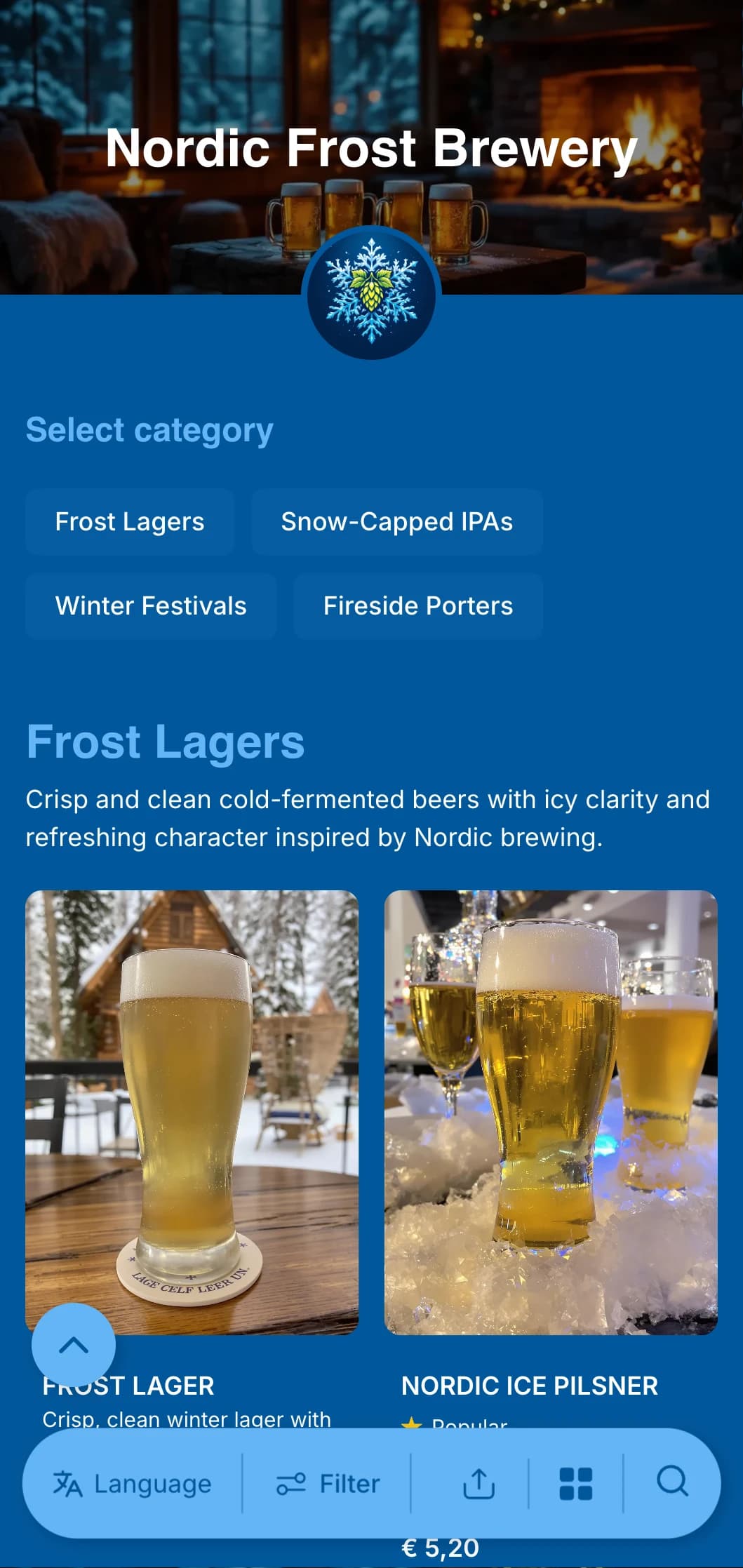 Cool and crisp winter-themed design with icy blue tones and snowflake accents, ideal for winter seasonal beer menus.