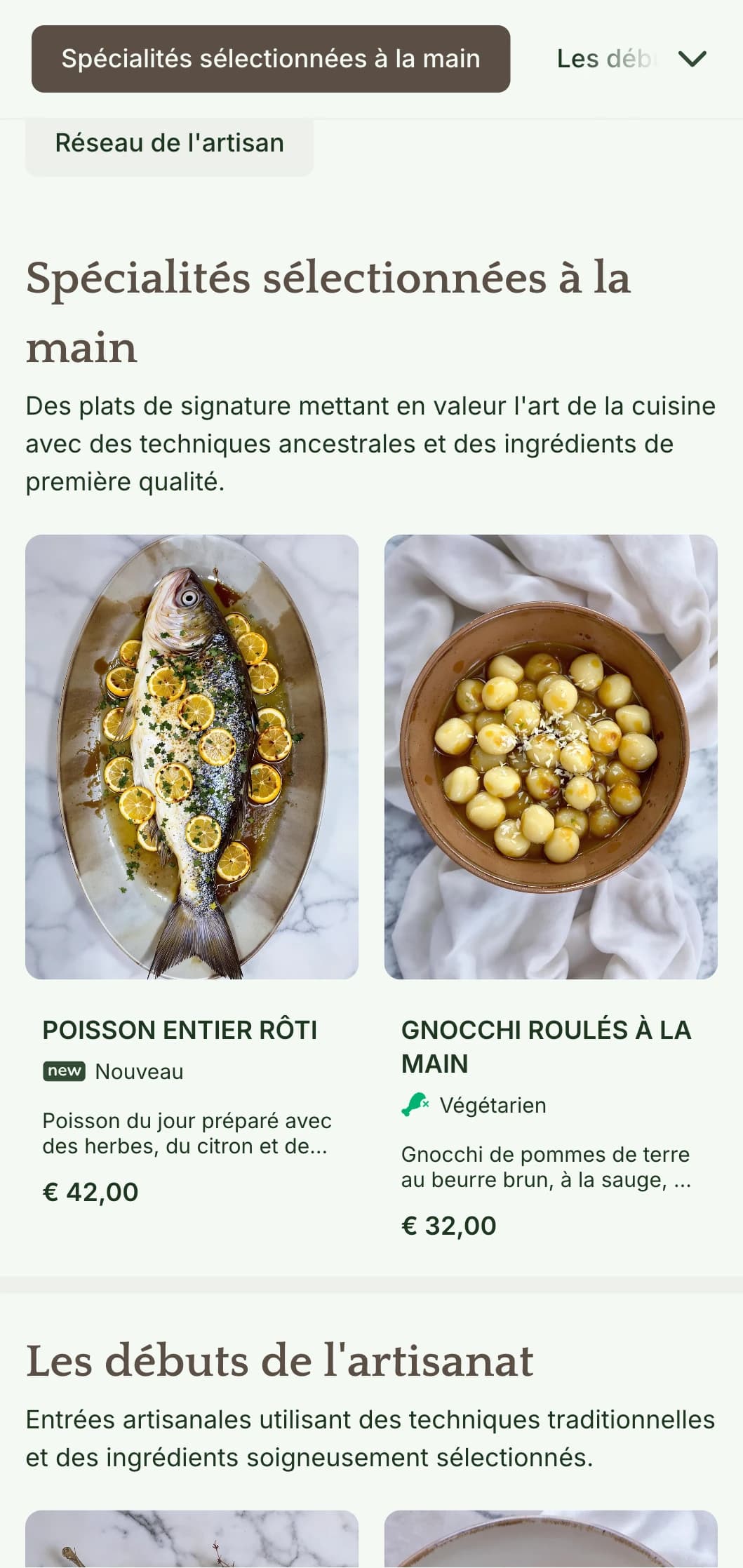 Un menu de dîner chaleureux et artisanal, avec des éléments de design inspirés de l'artisanat et des tons terreux, parfait pour les restaurants qui mettent l'accent sur la cuisine artisanale.