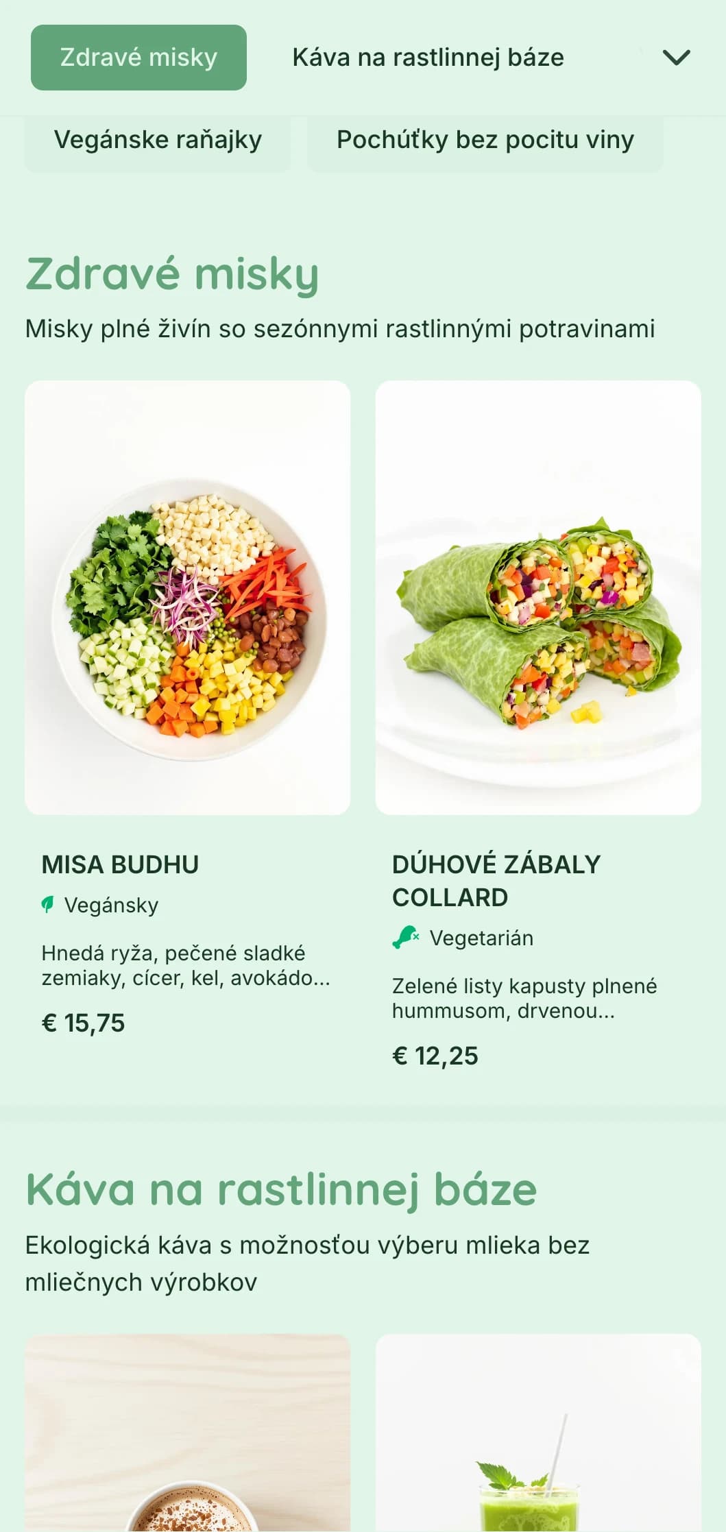 Svieži zelený dizajn zvýrazňujúci rastlinnú ponuku vegánskych kaviarní a miest so zdravou výživou.