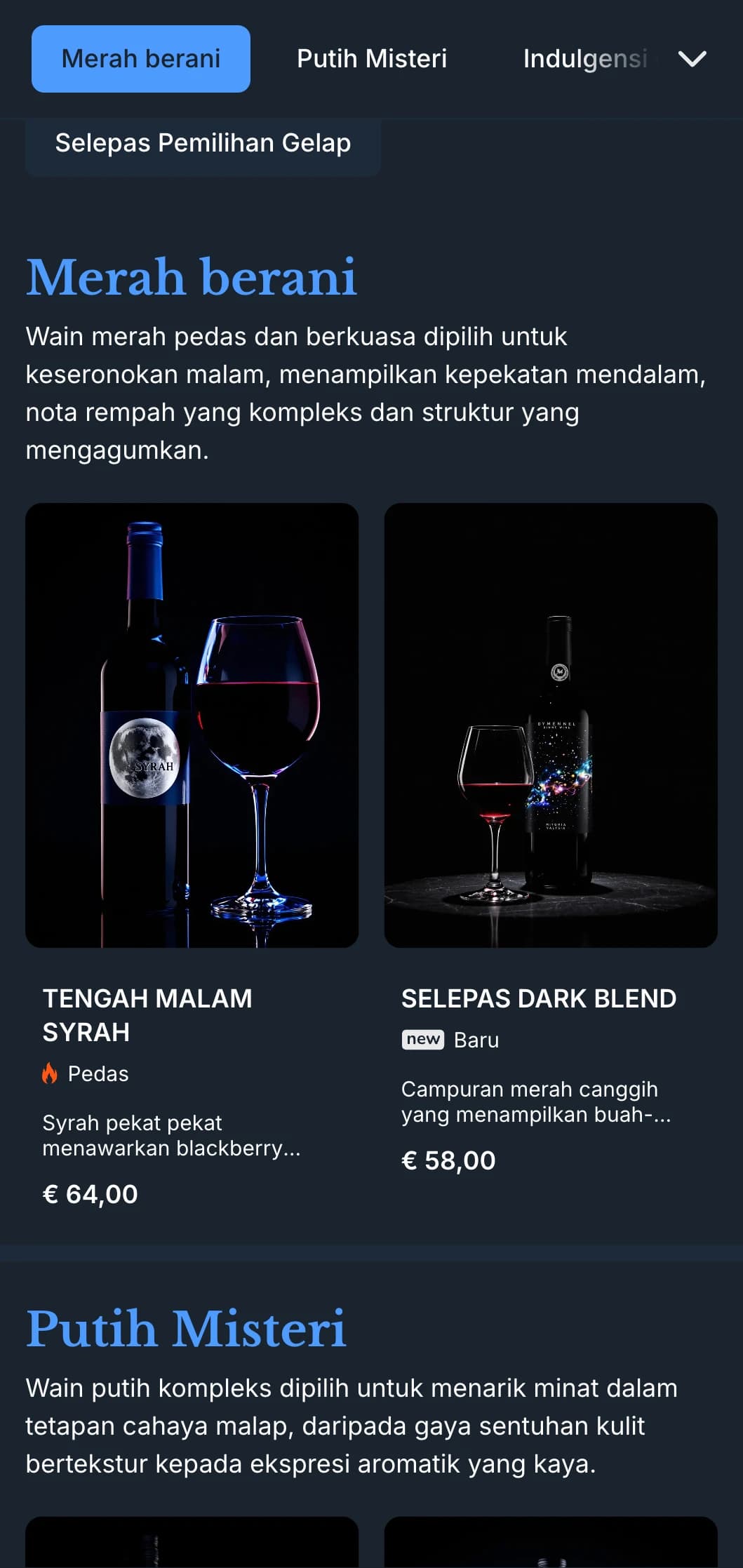Templat senarai wain yang sangat atmosfera dengan aksen biru elektrik dengan latar belakang tengah malam, sesuai untuk tempat malam dan pengalaman wain eksklusif.