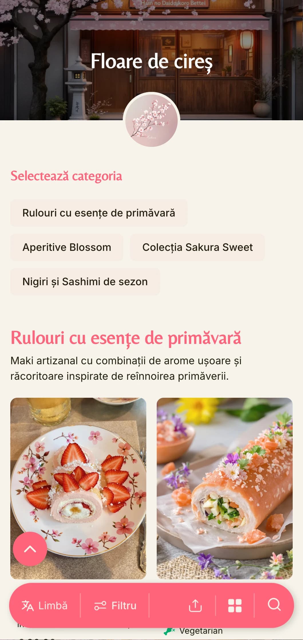 Meniu de sushi delicat, inspirat de primăvară, cu accente de flori de cireș roz, pe fundaluri calde crem.