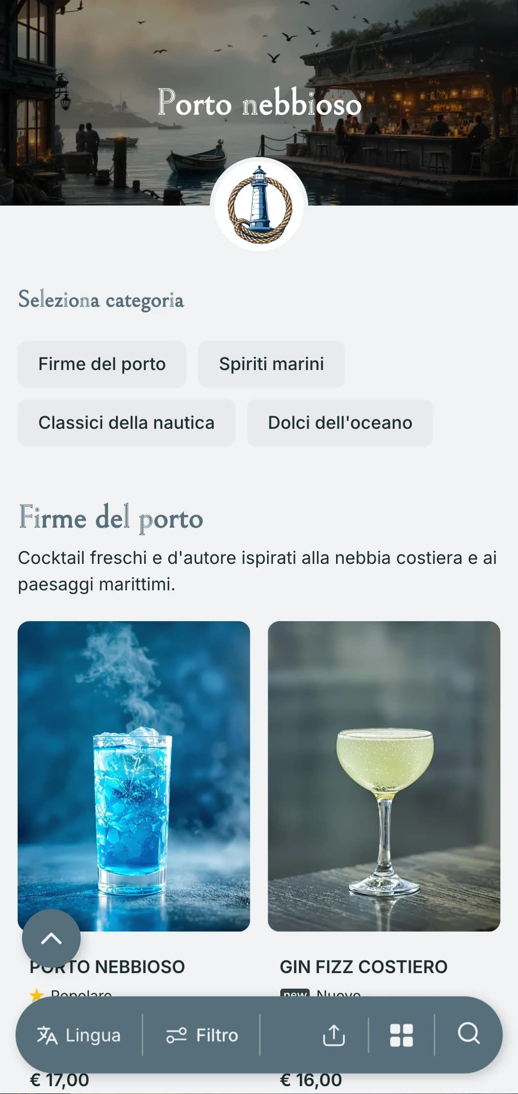 Un design d'ispirazione costiera per bar in riva al mare, caratterizzato da toni grigio-blu nebbiosi ed elementi nautici.