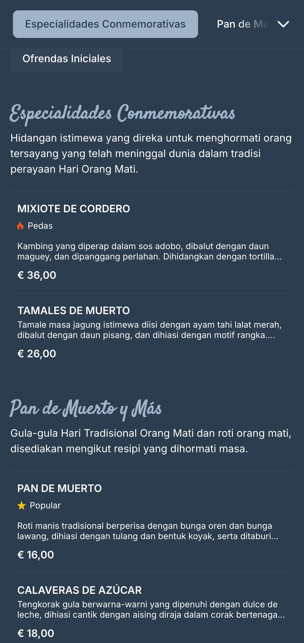 Menu bertemakan Hari Orang Mati yang artistik dan perayaan menampilkan rona biru-kelabu yang kaya, motif tengkorak gula dan tawaran bermusim istimewa.