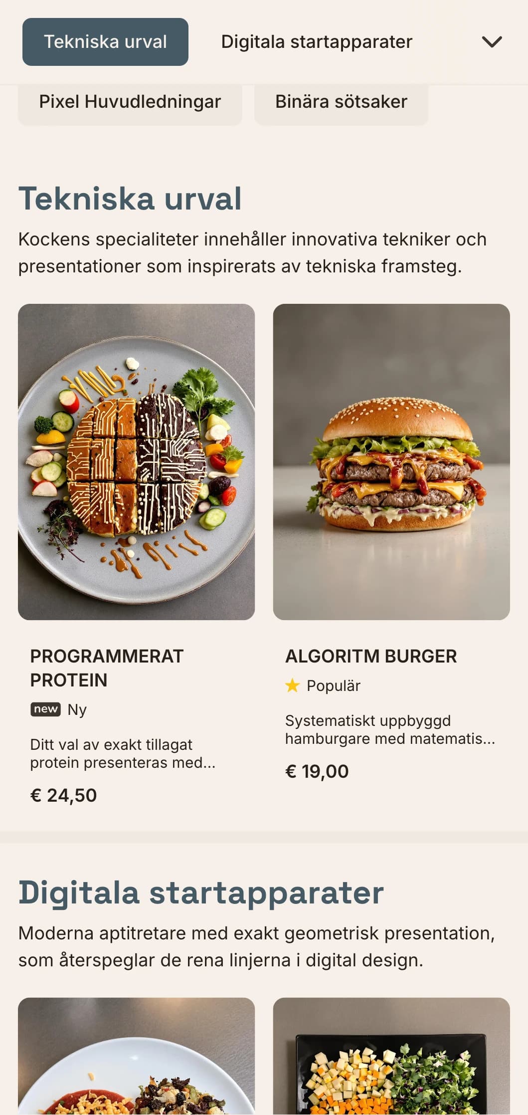Digitalinspirerad lunchmenydesign med teknisk estetik och exakt rutnätslayout, perfekt för restauranger i innovationsdistrikt och nära teknikföretag.