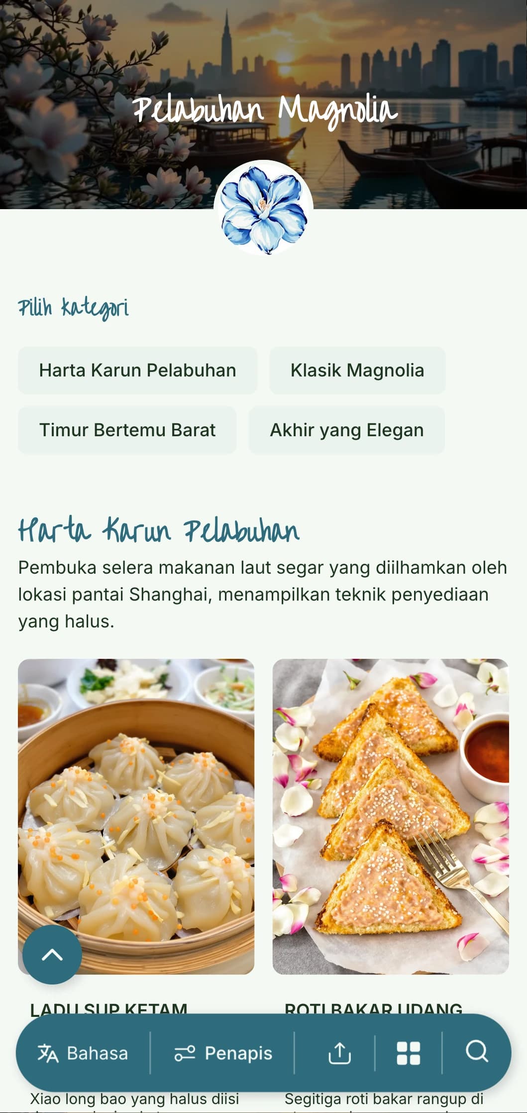 Reka bentuk menu Cina yang elegan diilhamkan oleh masakan Shanghai dan estetika pelabuhan, dengan aksen bunga untuk santapan yang halus.