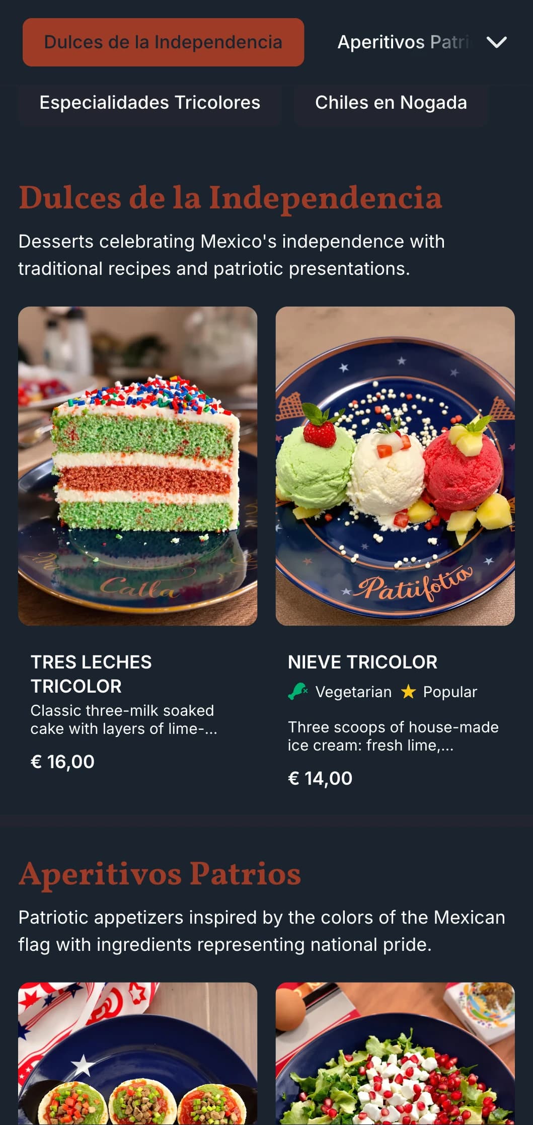 Patriotic and festive menu celebrating Mexico's independence featuring terracotta, green and white elements with seasonal specialties.