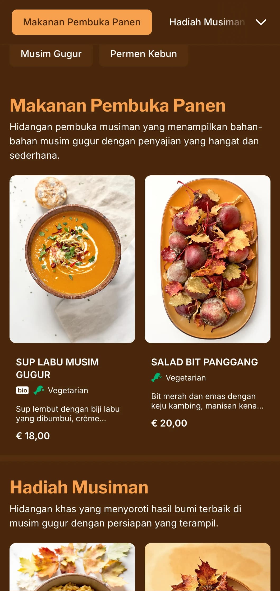 Menu makan malam yang hangat dan terinspirasi dari musim gugur dengan warna kuning yang kaya, cocok untuk hidangan musiman dan restoran yang berfokus pada panen.