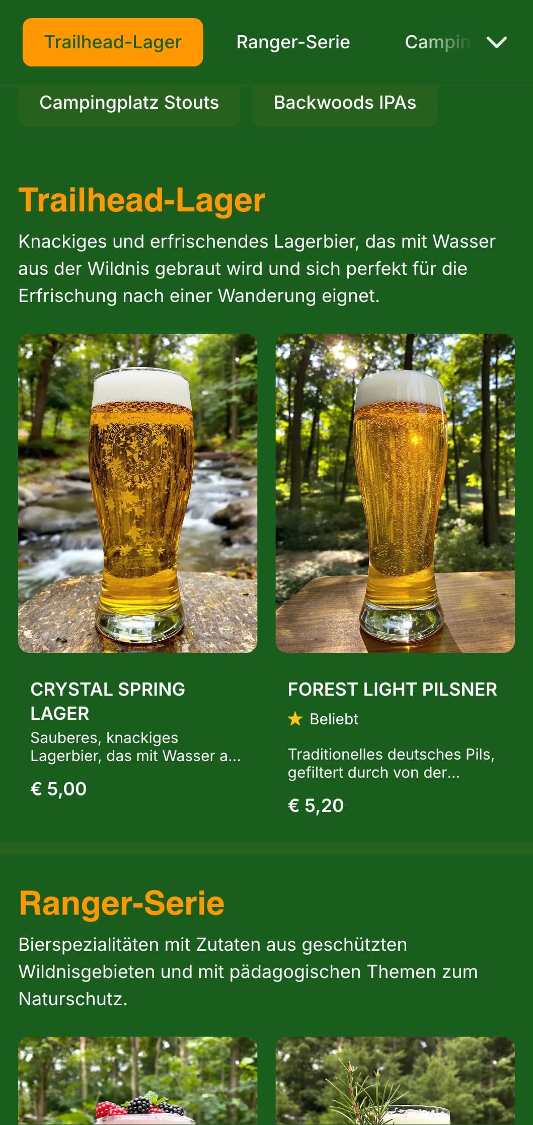 Natürliches und erdiges Design, inspiriert von tiefen Wäldern, mit satten Grüntönen und Waldelementen für Brauereien mit Naturthemen.