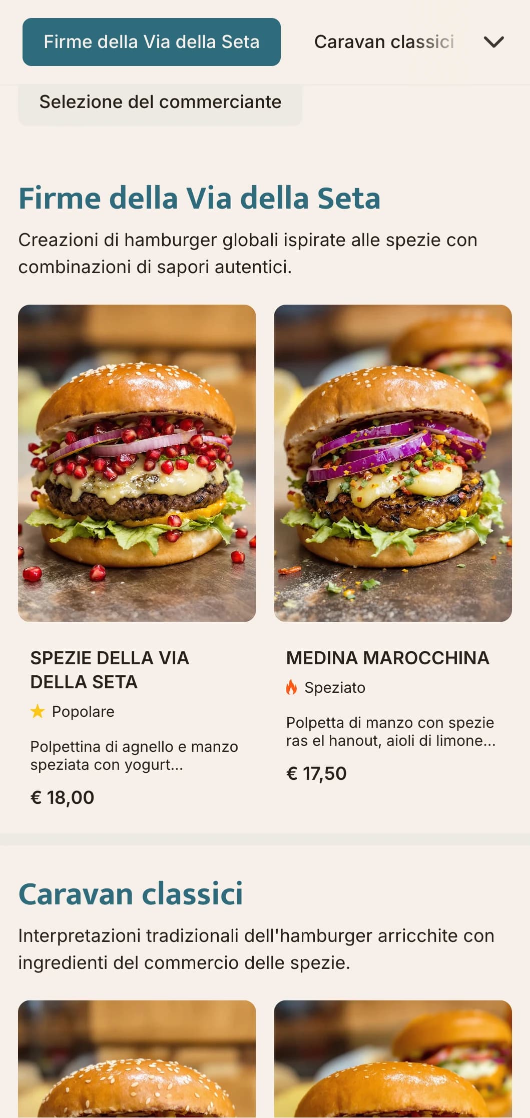 Menu di hamburger ispirati al commercio delle spezie con profili di sapori globali e riferimenti storici.