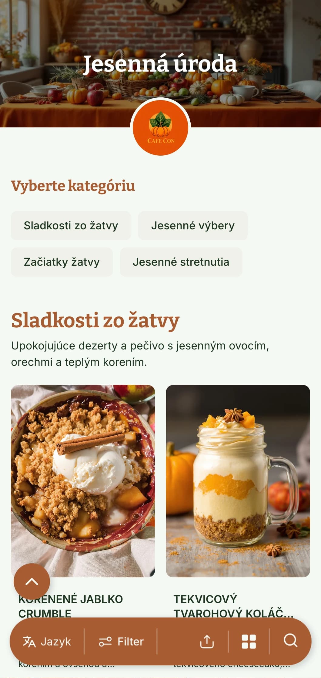 Sezónna šablóna na brunch v teplých jesenných farbách, ideálna pre kaviarne s ponukou raňajok inšpirovaných úrodou.