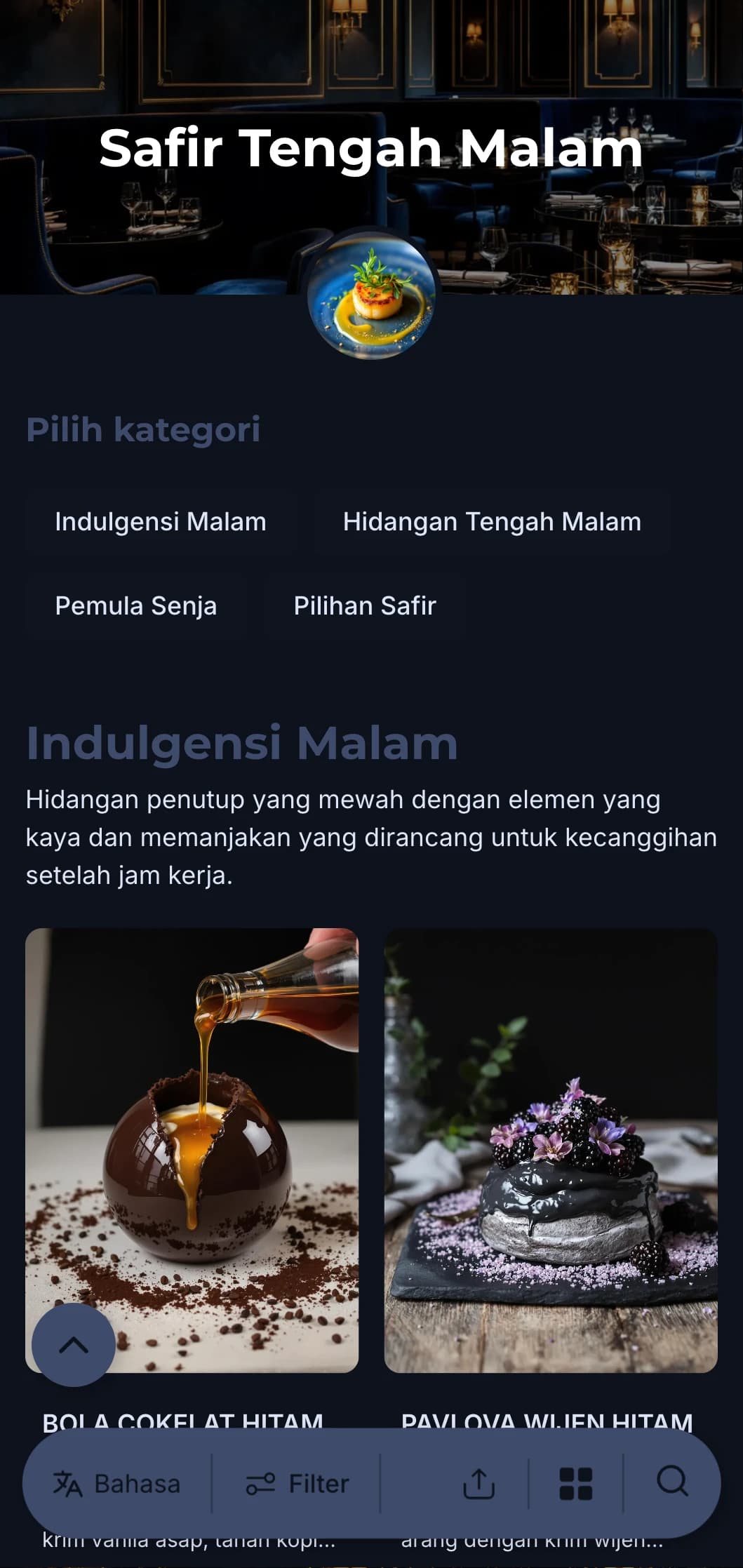 Konsep bersantap malam yang canggih dengan warna biru tua dan elemen kemewahan yang halus untuk pengalaman kuliner yang mendalam.