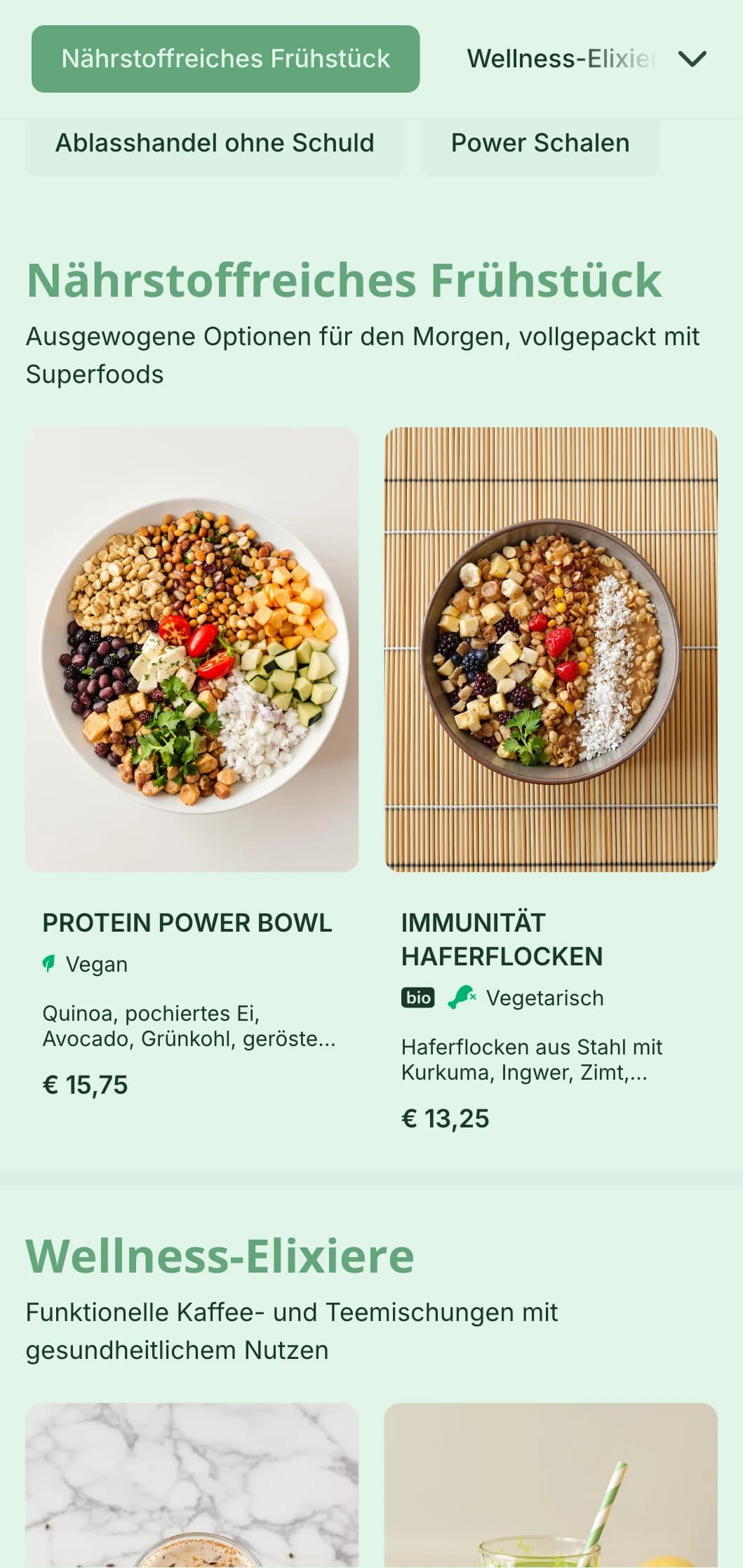 Frisches, grünes Design mit Schwerpunkt auf gesunden Optionen für Cafés und Saftbars mit Wellness-Fokus.