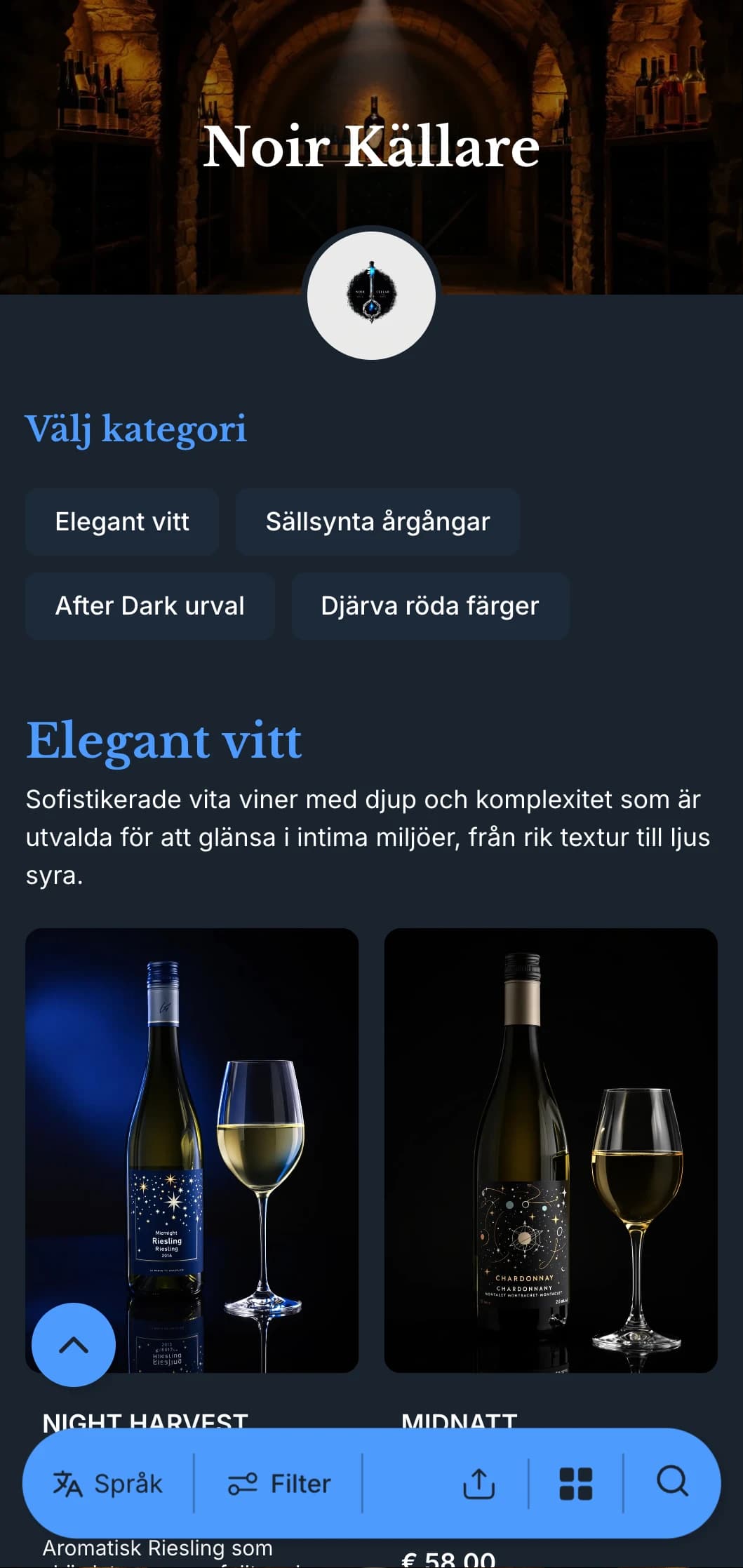 Sofistikerad mall för vinlista med mörkt tema med slående blå accenter mot djupa marinblå bakgrunder, perfekt för intima vinlounger och kvällsställen.