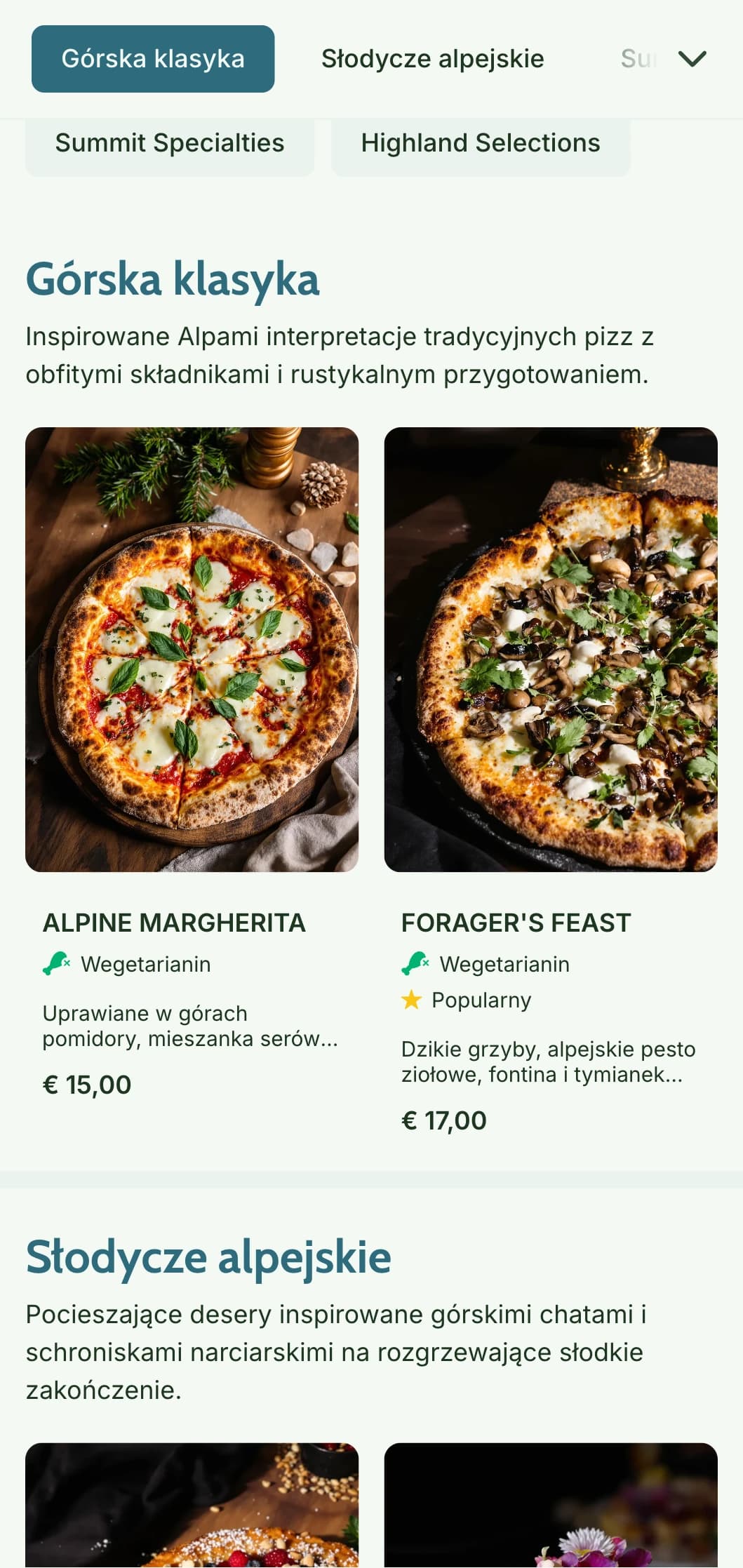 Inspirowane górami menu pizzy z naturalnymi elementami i rustykalną alpejską estetyką.