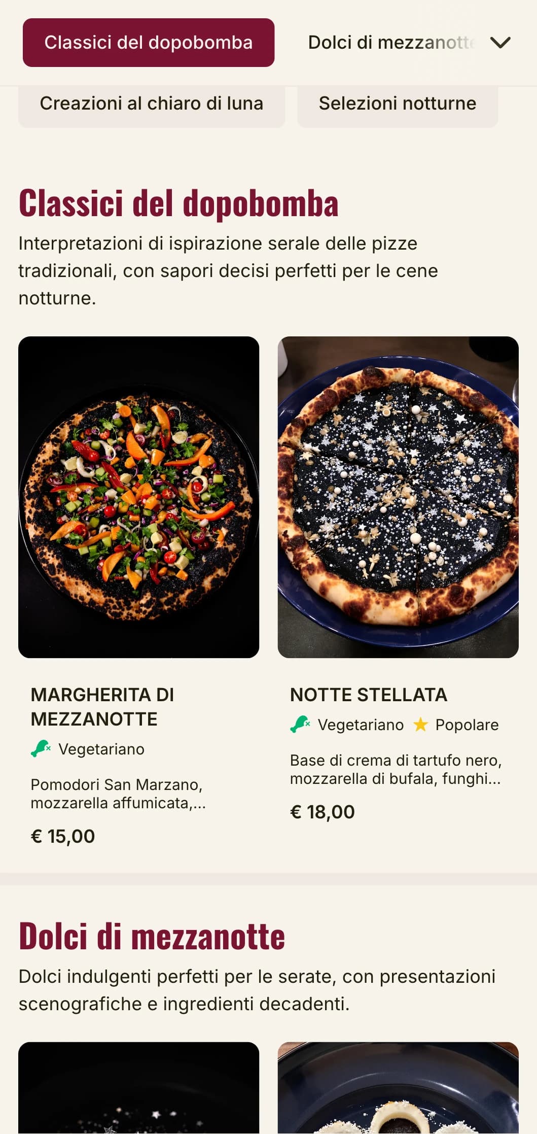 Menu di pizzeria per la tarda notte con un'estetica cupa e lunatica per esperienze gastronomiche serali.