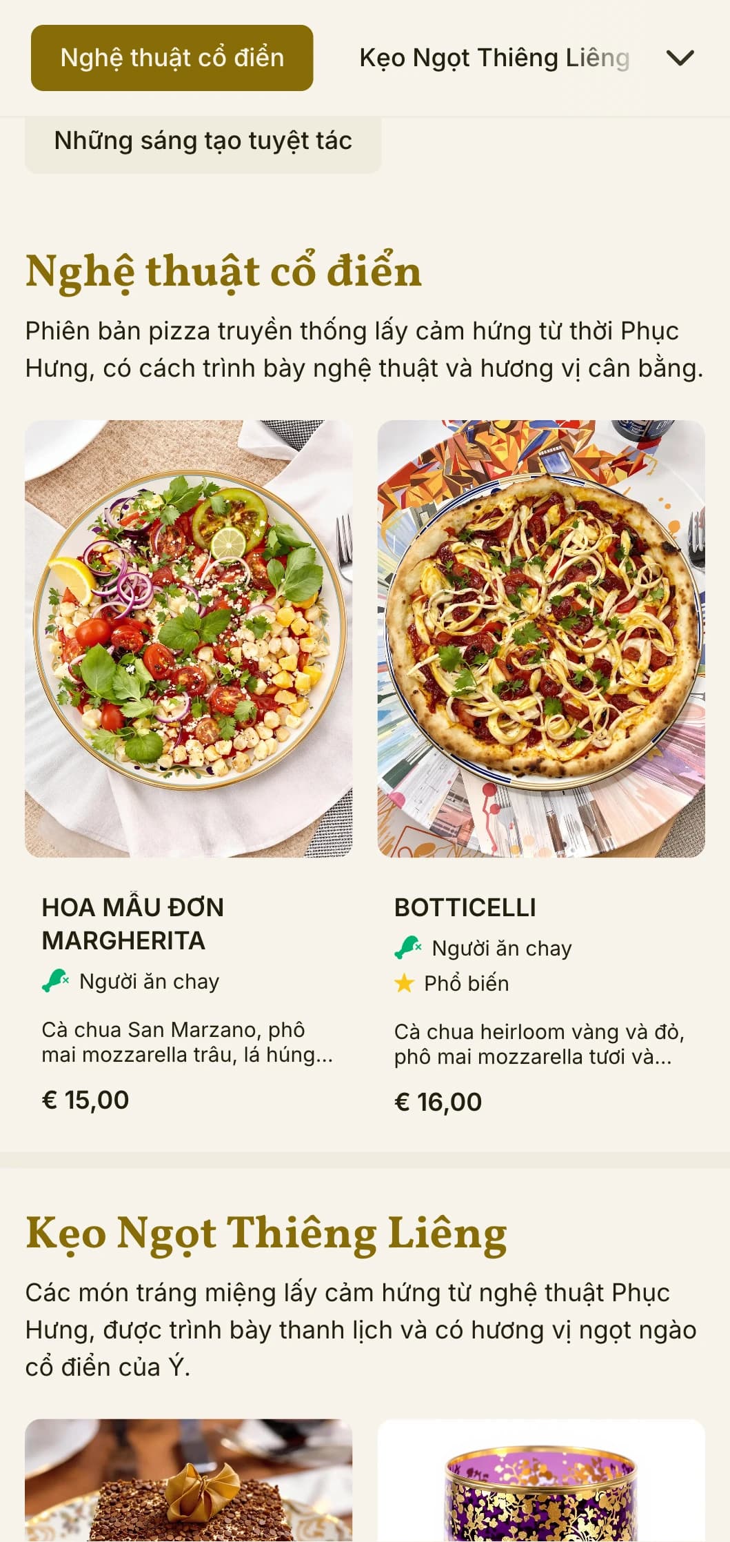 Thực đơn pizza nghệ thuật lấy cảm hứng từ thời Phục hưng Ý với các yếu tố hình ảnh phong phú.