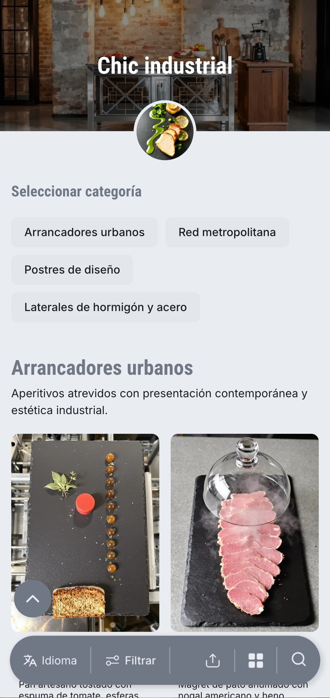 Presentación de catering cruda y vanguardista con estética urbana moderna, elementos metálicos y texturas de hormigón para eventos en almacenes e inauguraciones de galerías.