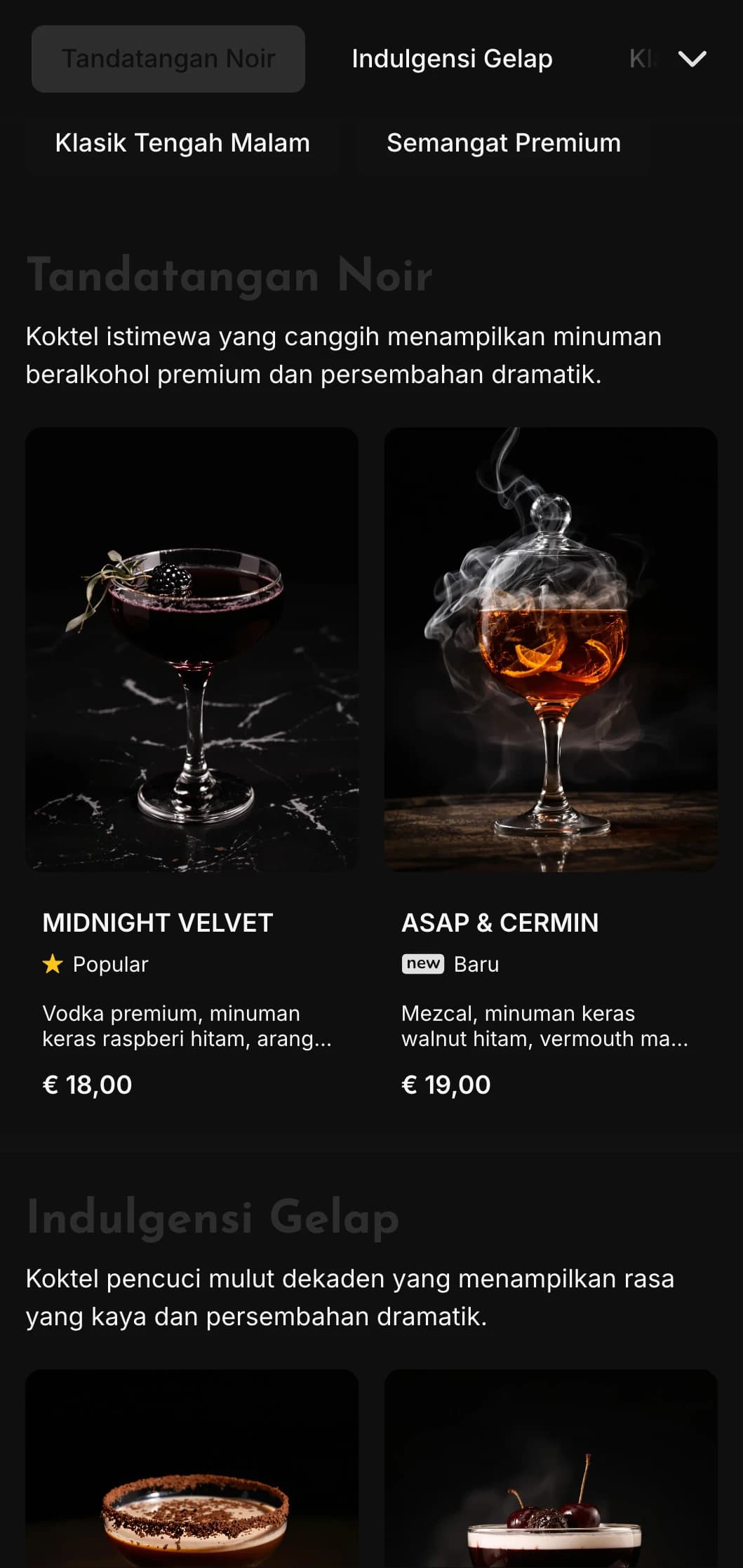 Reka bentuk anggun dan gelap untuk lounge koktel kontemporari dan kelab malam yang menampilkan elemen kontras tinggi dan tipografi yang berani.
