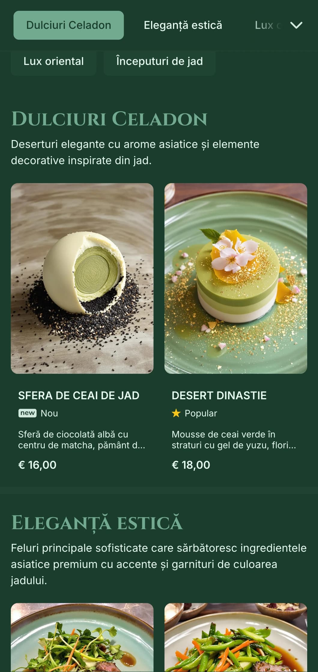 Concept sofisticat de inspirație asiatică, cu tonuri de verde jad și elemente orientale rafinate.
