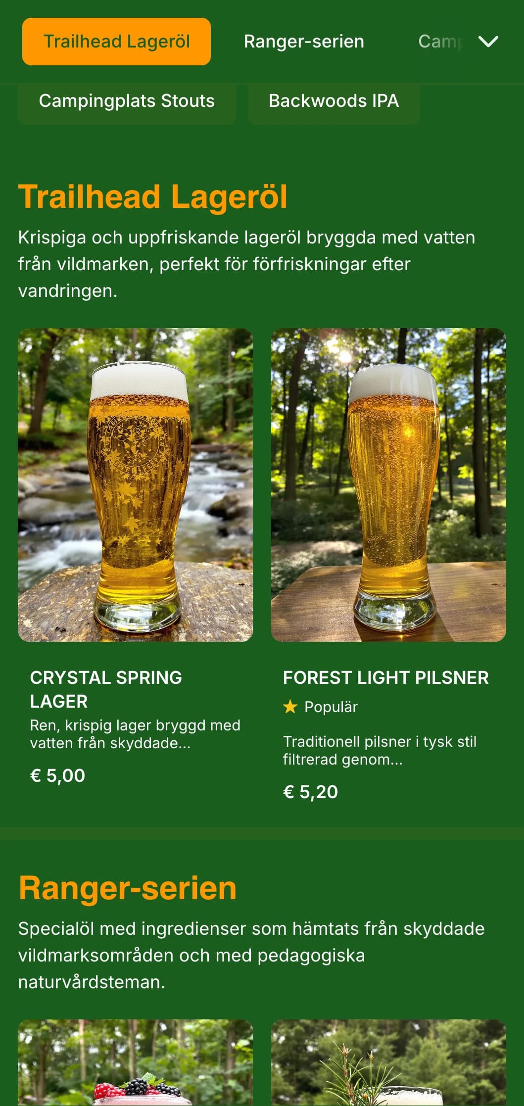 Naturlig och jordnära design inspirerad av djupa skogar, med rika gröna nyanser och skogselement för bryggerier med naturtema.