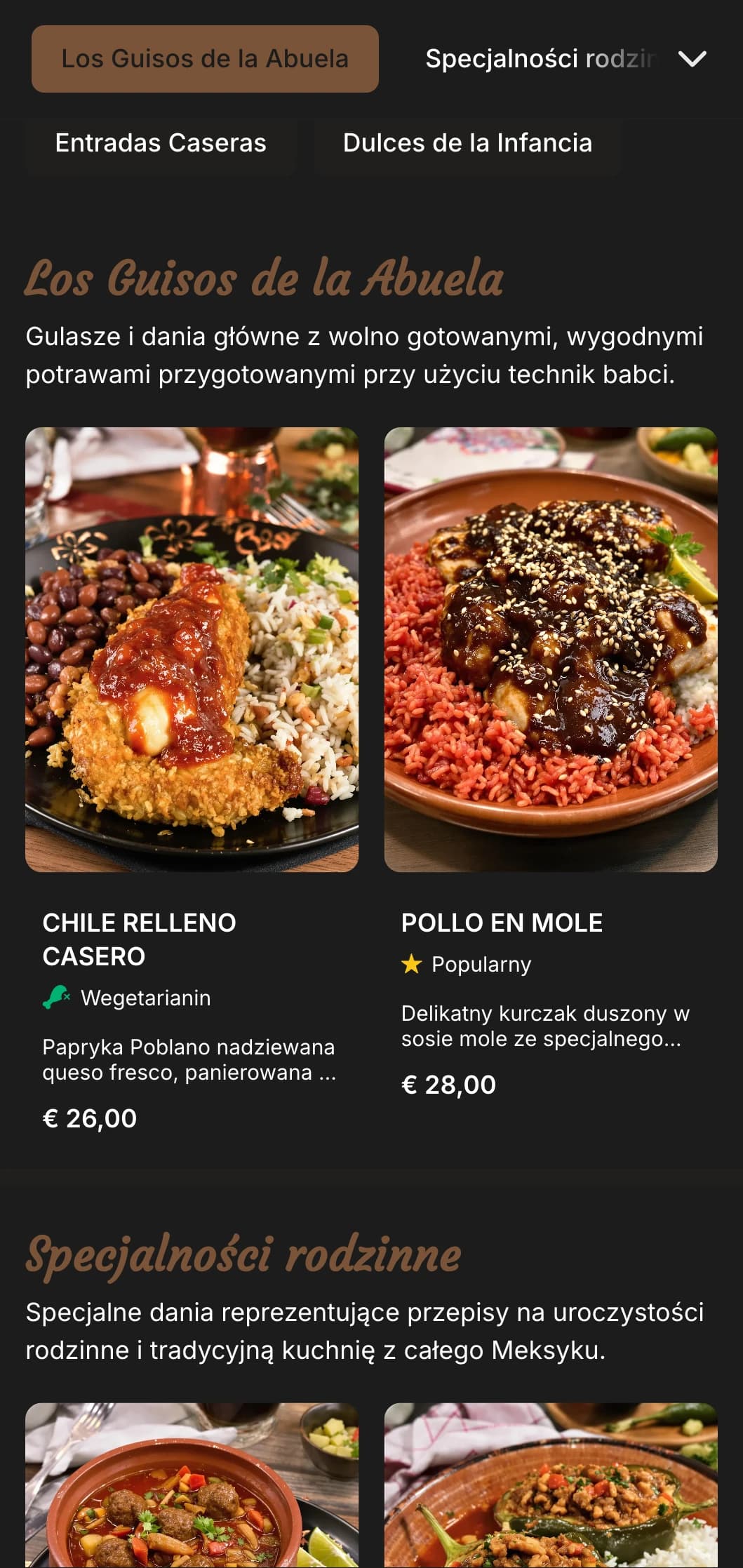 Ciepłe i pocieszające domowe menu meksykańskie z przepisami babci, ciepłymi brązowymi akcentami i tradycyjnymi daniami w stylu rodzinnym.