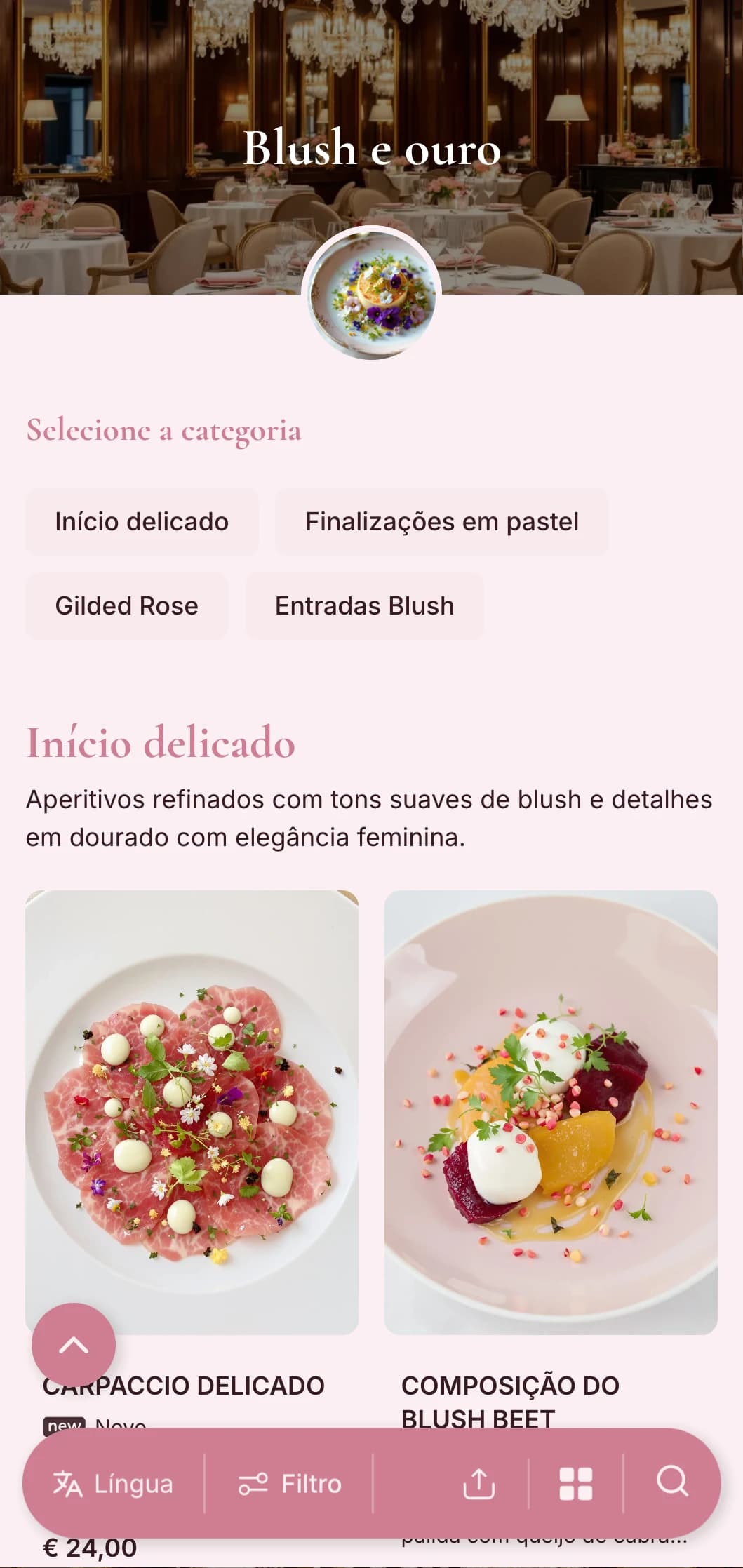 Conceito feminino refinado que apresenta tons suaves de blush com elegantes detalhes em ouro para uma experiência de luxo delicada.