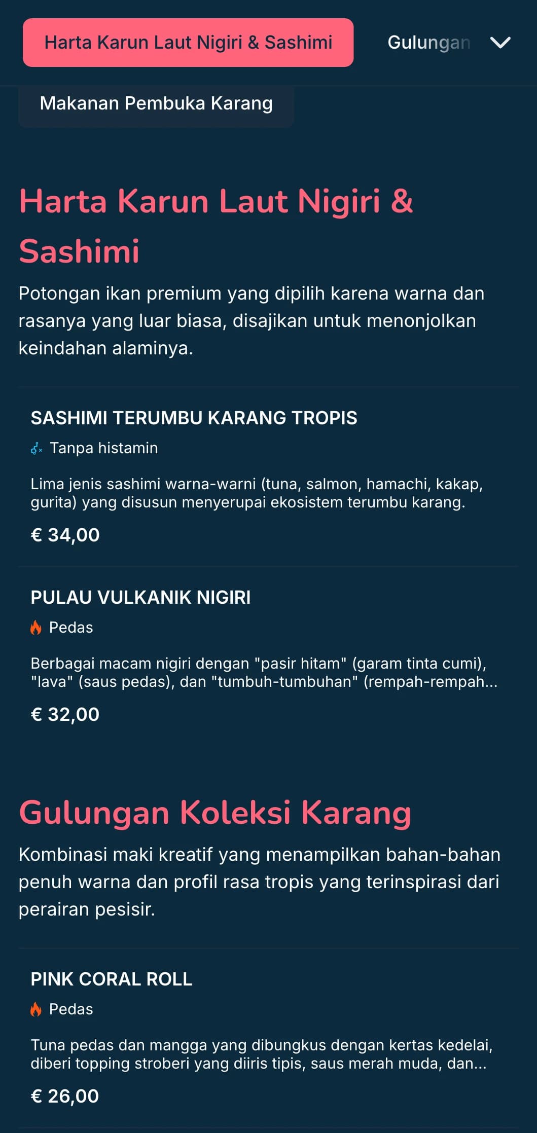 Menu sushi yang terinspirasi dari lautan dengan aksen merah muda karang dengan latar belakang biru tua, cocok untuk Anda yang menyukai hidangan laut.