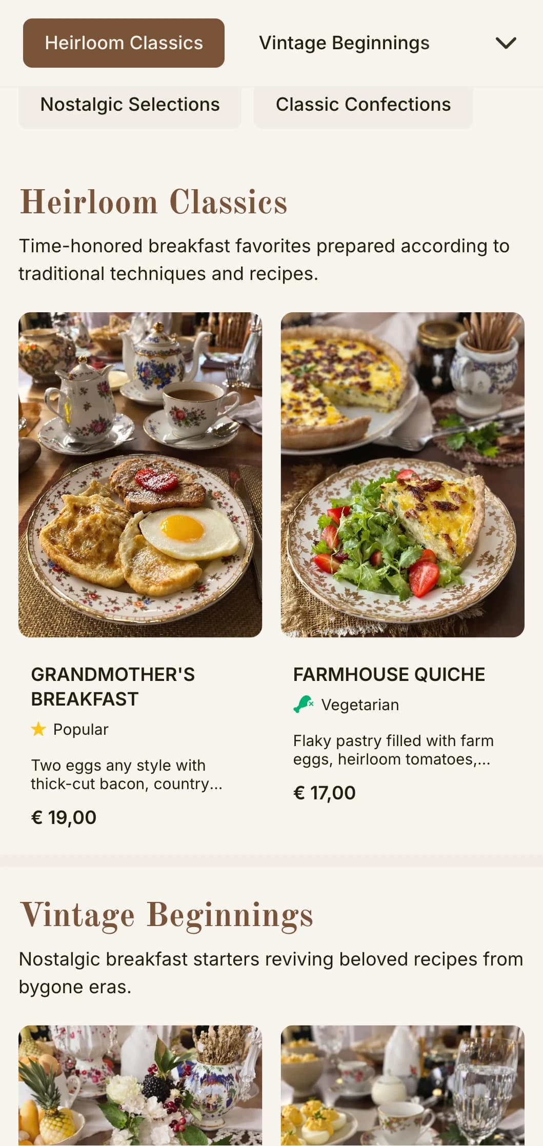 Nostalgic morning offerings inspired by beloved recipes from the past, presented with timeless elegance.